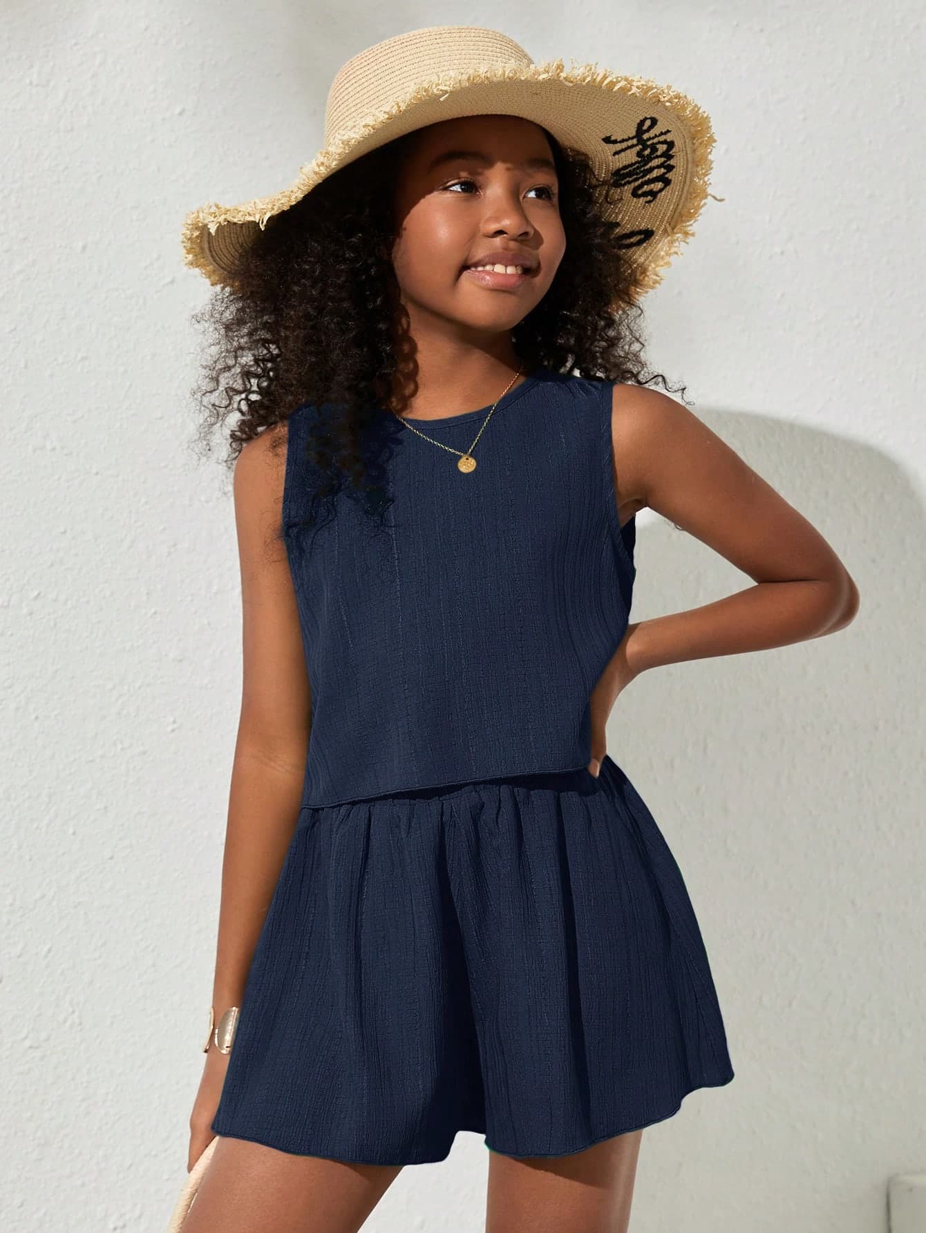 SHEIN Tween Girls Casual Plain Woven Sleeveless Top And Loose Shorts Set, Everyday Wear