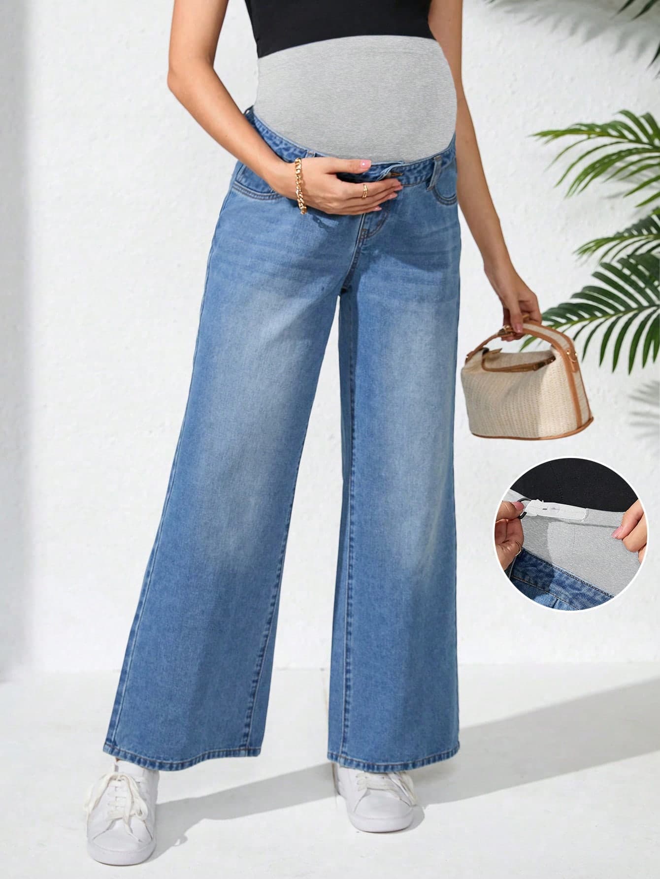 SHEIN Pregnant Women Front Button Multi-Pocket Minimalist Denim Jeans, Casual Daily Wear, For Maternity