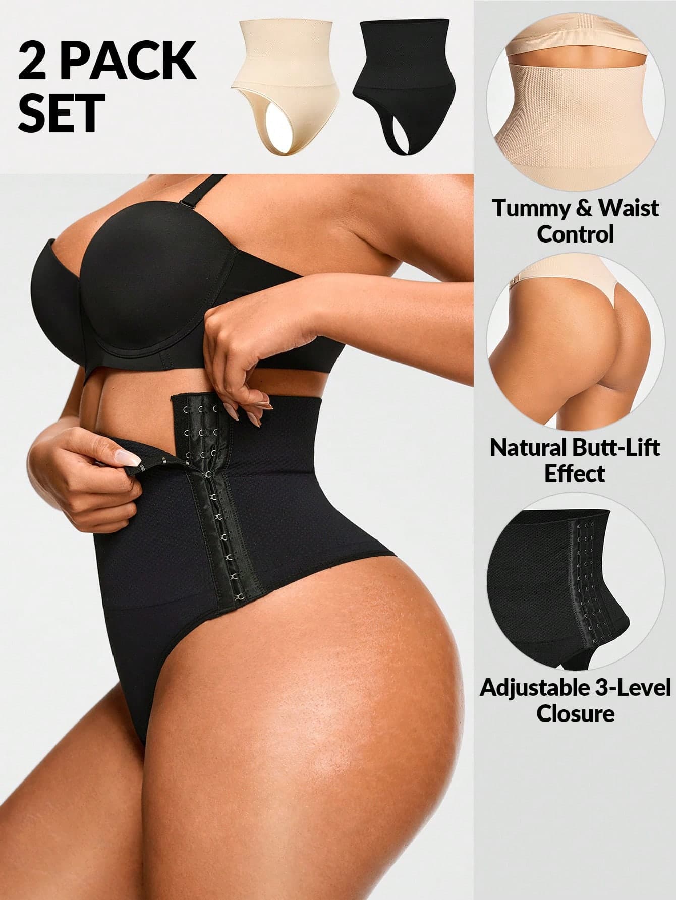 SHAPORA 2 Packs Seamless High-Waisted Thong Set Shapewear Bottom Body Shaper Butt Lifter With Adjustable 3-Level Closure Butt Lifter-Tummy Waist Control