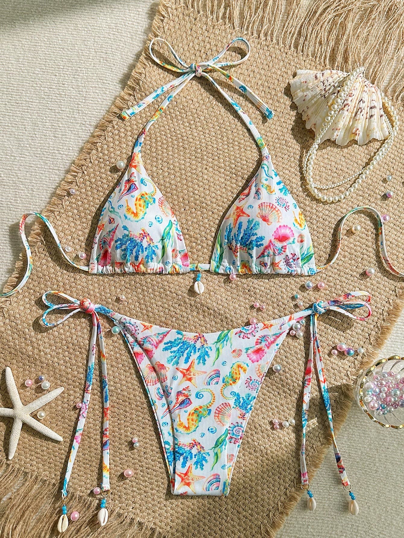 Swim Mod 2pcs/Set Summer Holiday Random Print & Ribbed Texture Seashell Decorated Halter Top & Side Tie Waist Bikini Swimwear, Bohemian