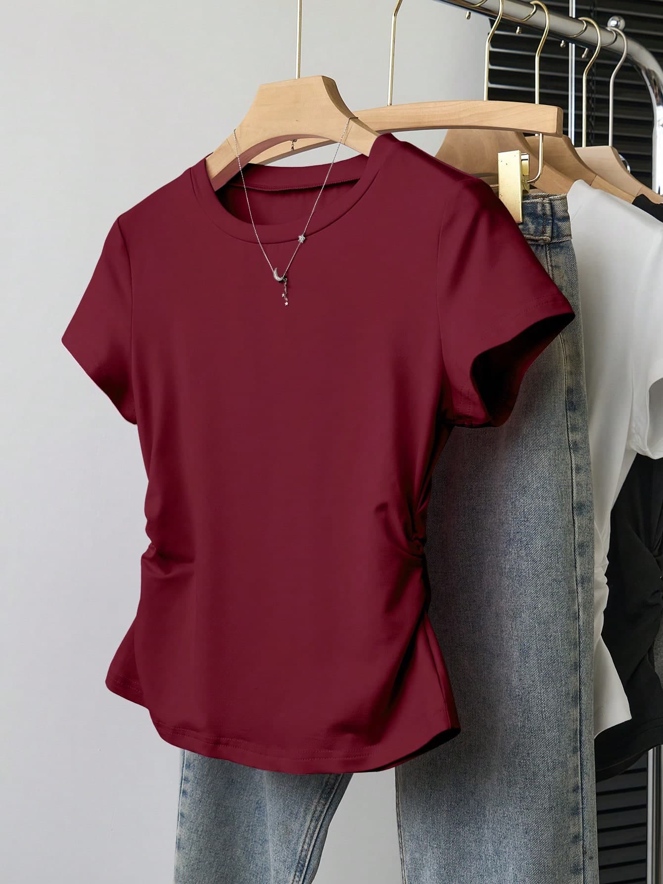 SHEIN Teen Girls' Casual Solid Color Ruched Waist Short Sleeve T-Shirt