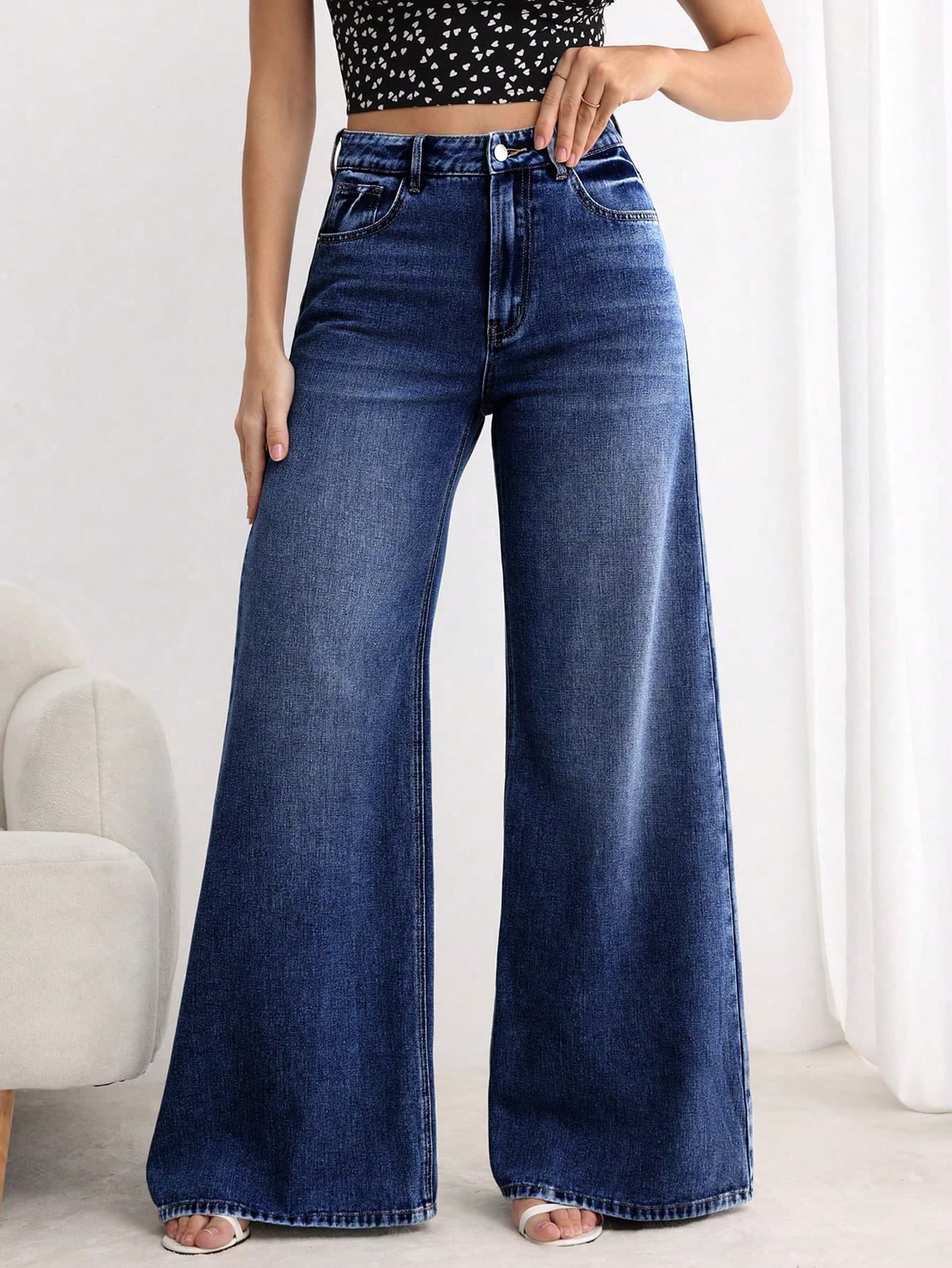 SHEIN Essnce Women's Loose Fit Pocketed Wide-Leg Jeans