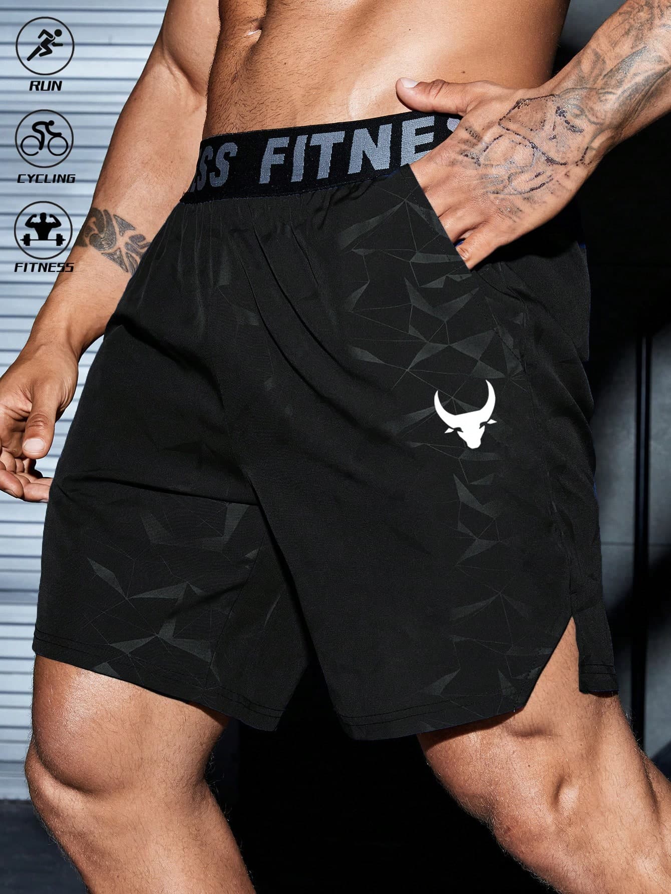 Gym Rark Boyfriend Style Men's Bull Print & Letter Webbing Casual Shorts, Black Gym Shorts, Athletic, Lightweight