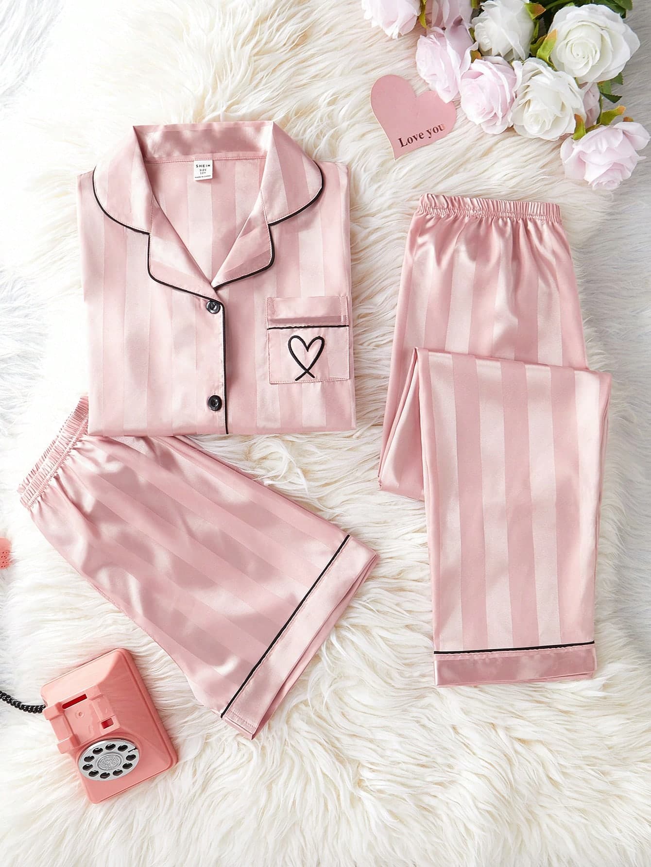 SHEIN 3pcs/Set Girls Casual Watermelon Print Striped Short Sleeve Cardigan, Shorts And Pants, Coordinated Loungewear