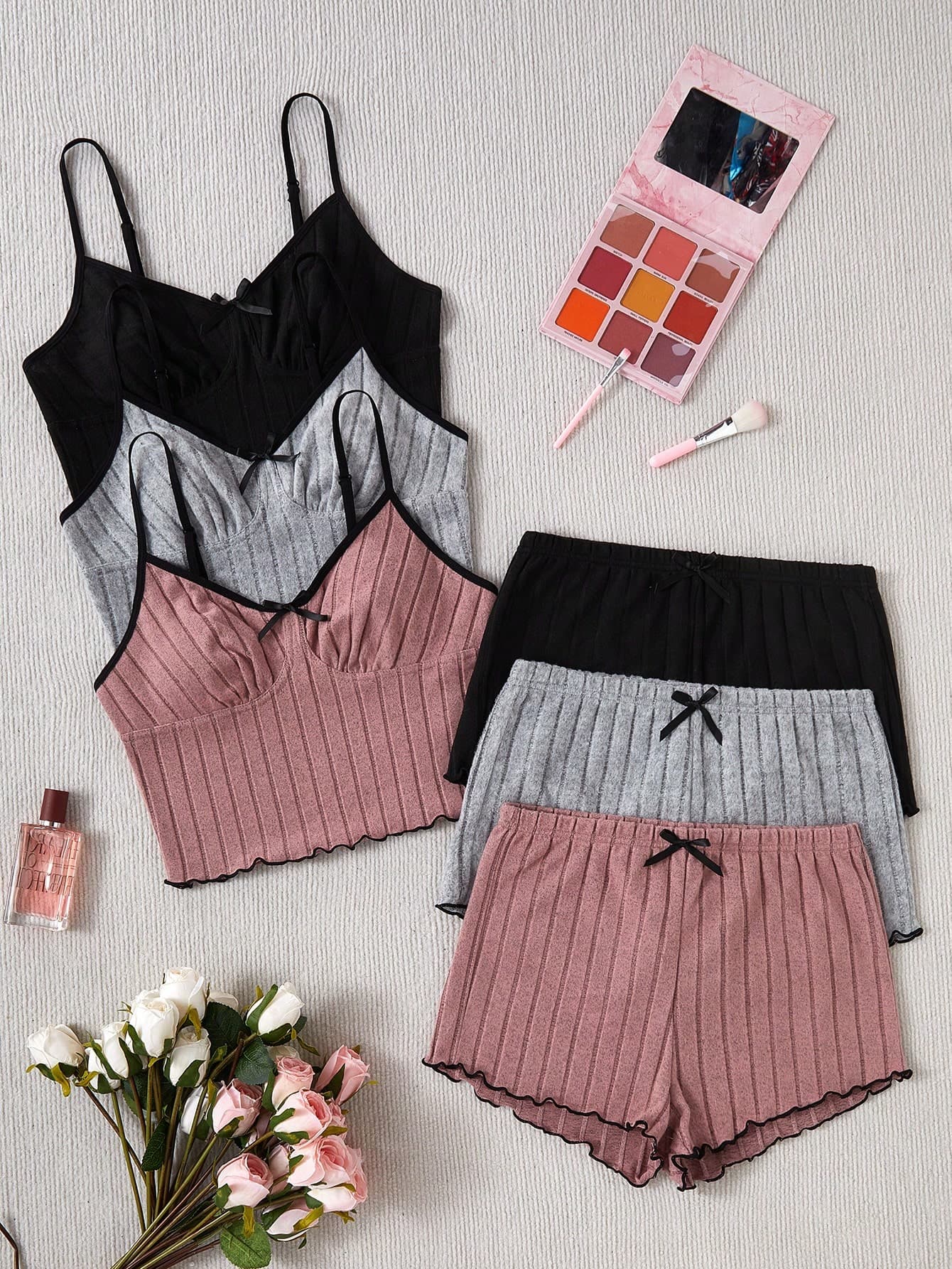 Softscene Women's Bow Decor Spaghetti Strap Cami Top & Shorts Casual 6 Pieces Set Outfit