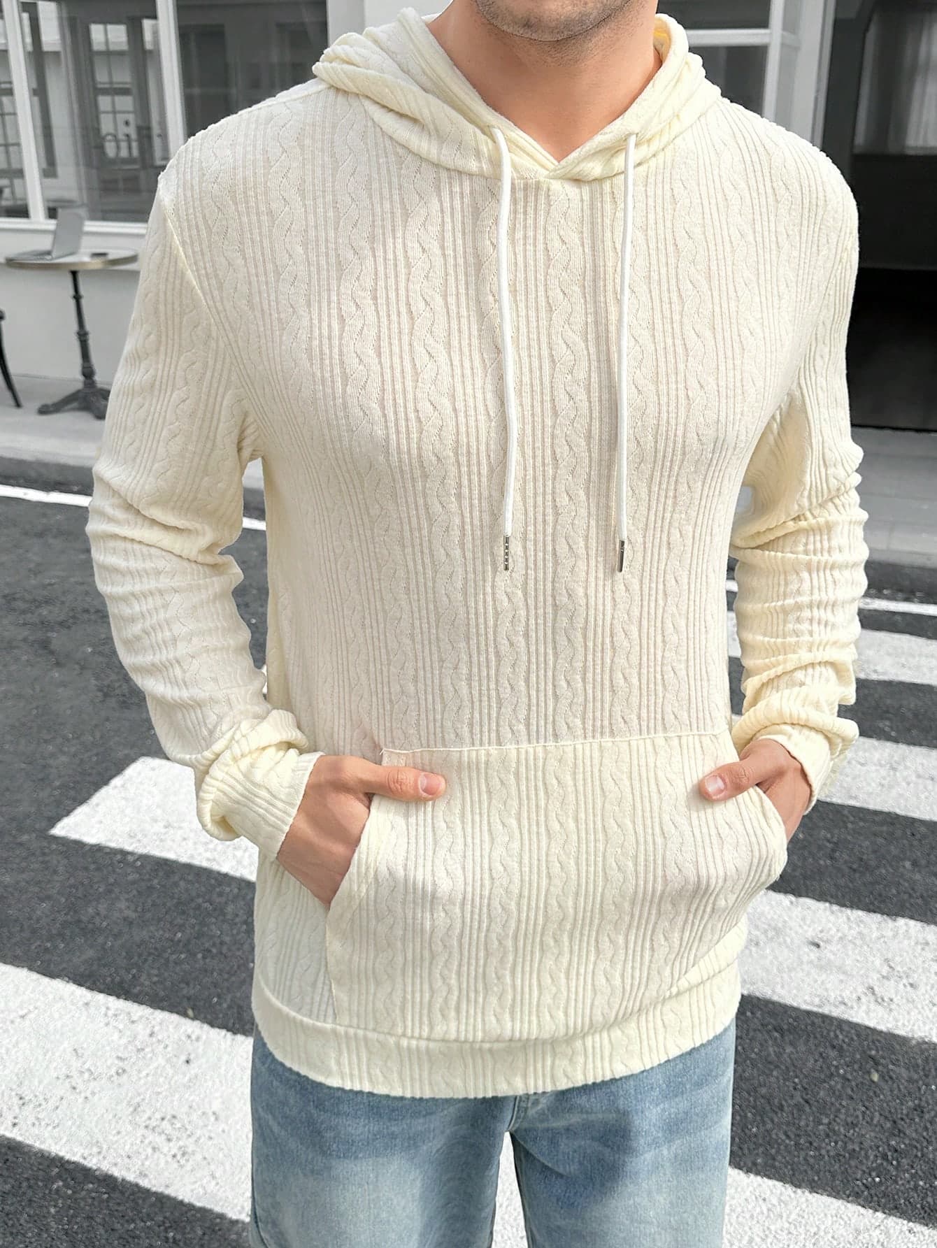 Manfinity VCAY Men's Jacquard Knit Loose Drop Shoulder Casual Hoodie, Suitable For Everyday Wear
