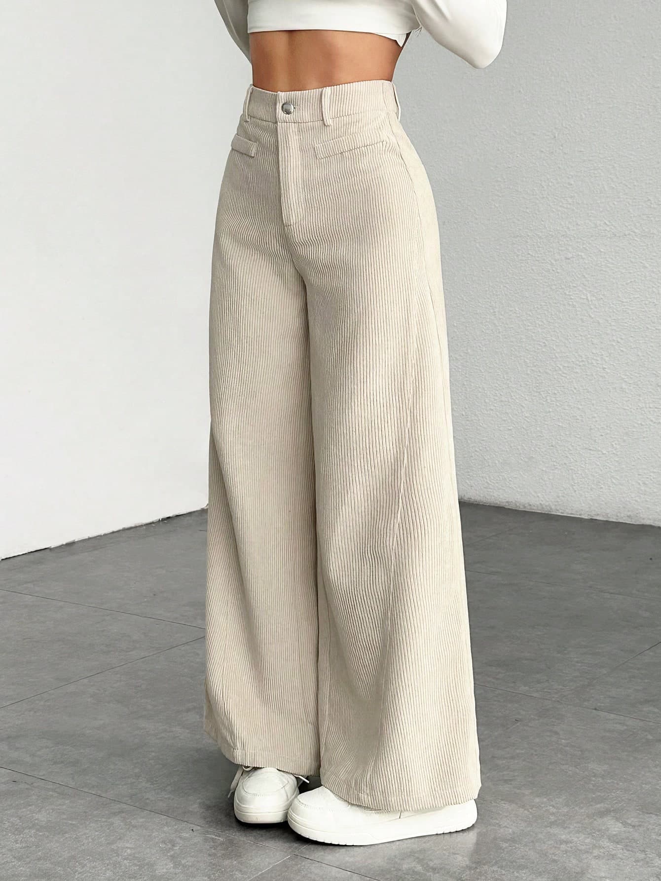 SHEIN PETITE Women's Solid Color Front Button Casual Wide Leg Pants, Suitable For Daily Wear ,Petite Women