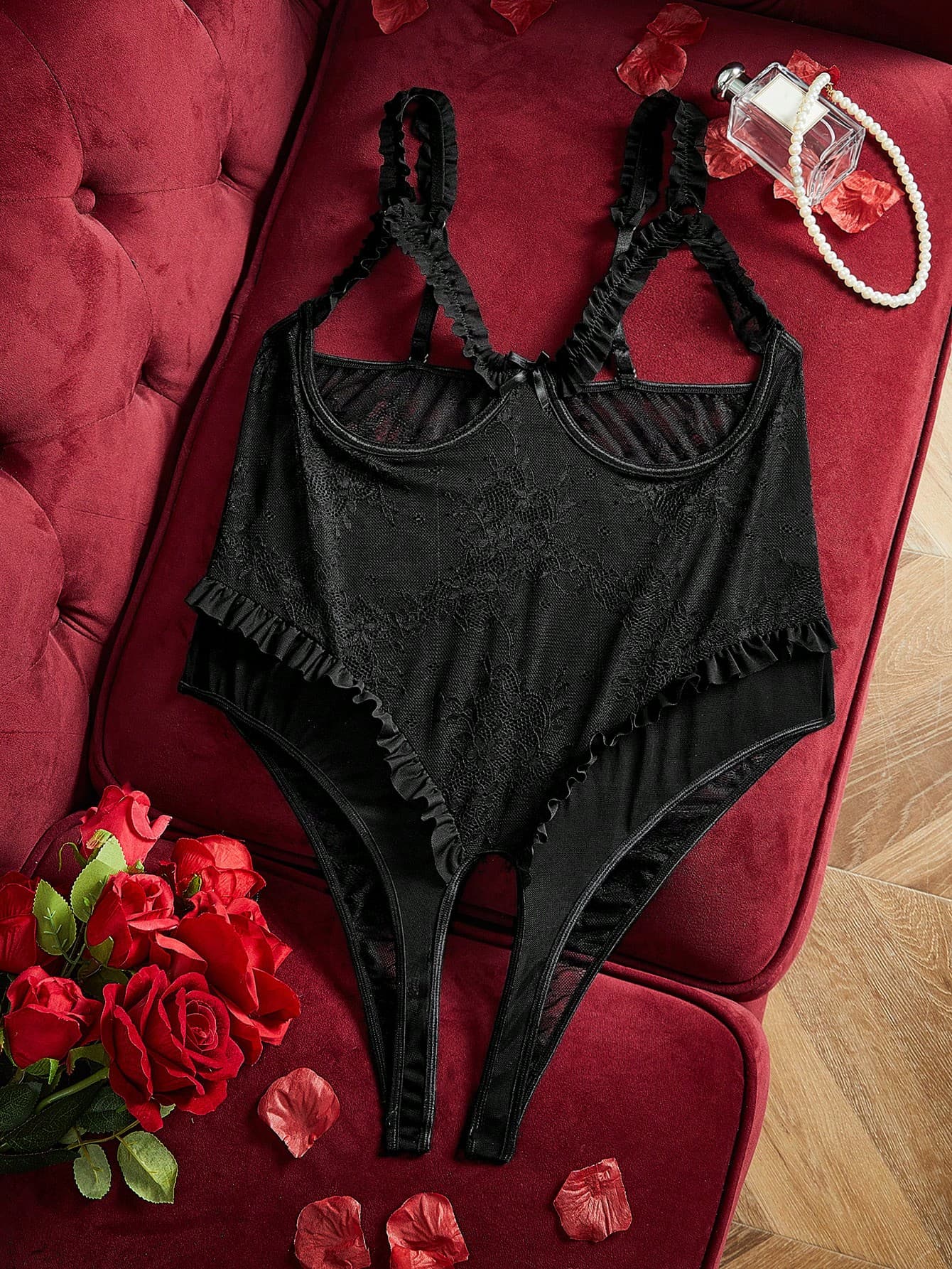SpicyHot Whimsical SpringBreakOutfit Bachelorette Grown Women FitsPlus Size Solid Color Bowknot Decor Ruffle Trim Lingerie
