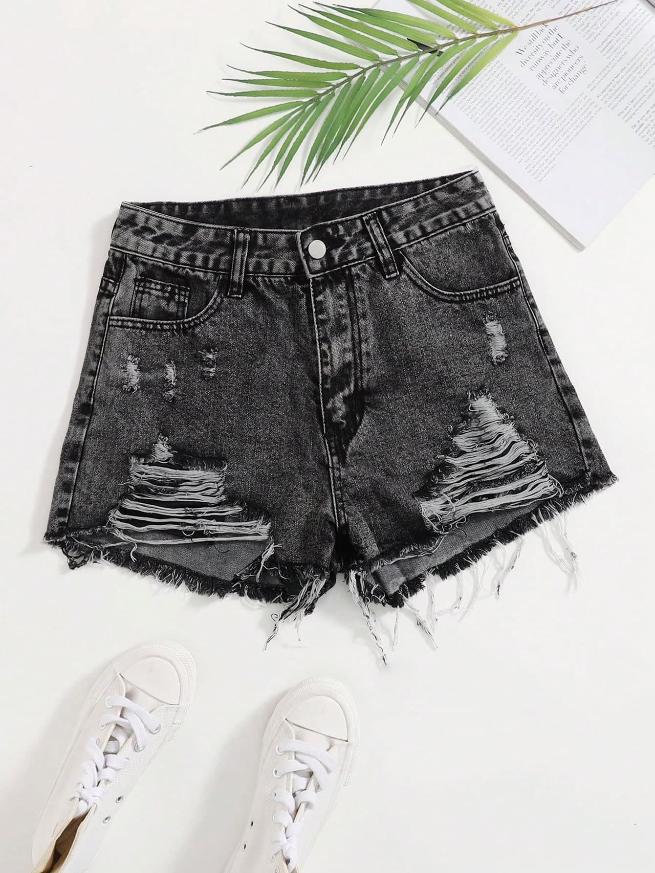 GlowEve Casual Washed Ripped Frayed Hem Denim Shorts