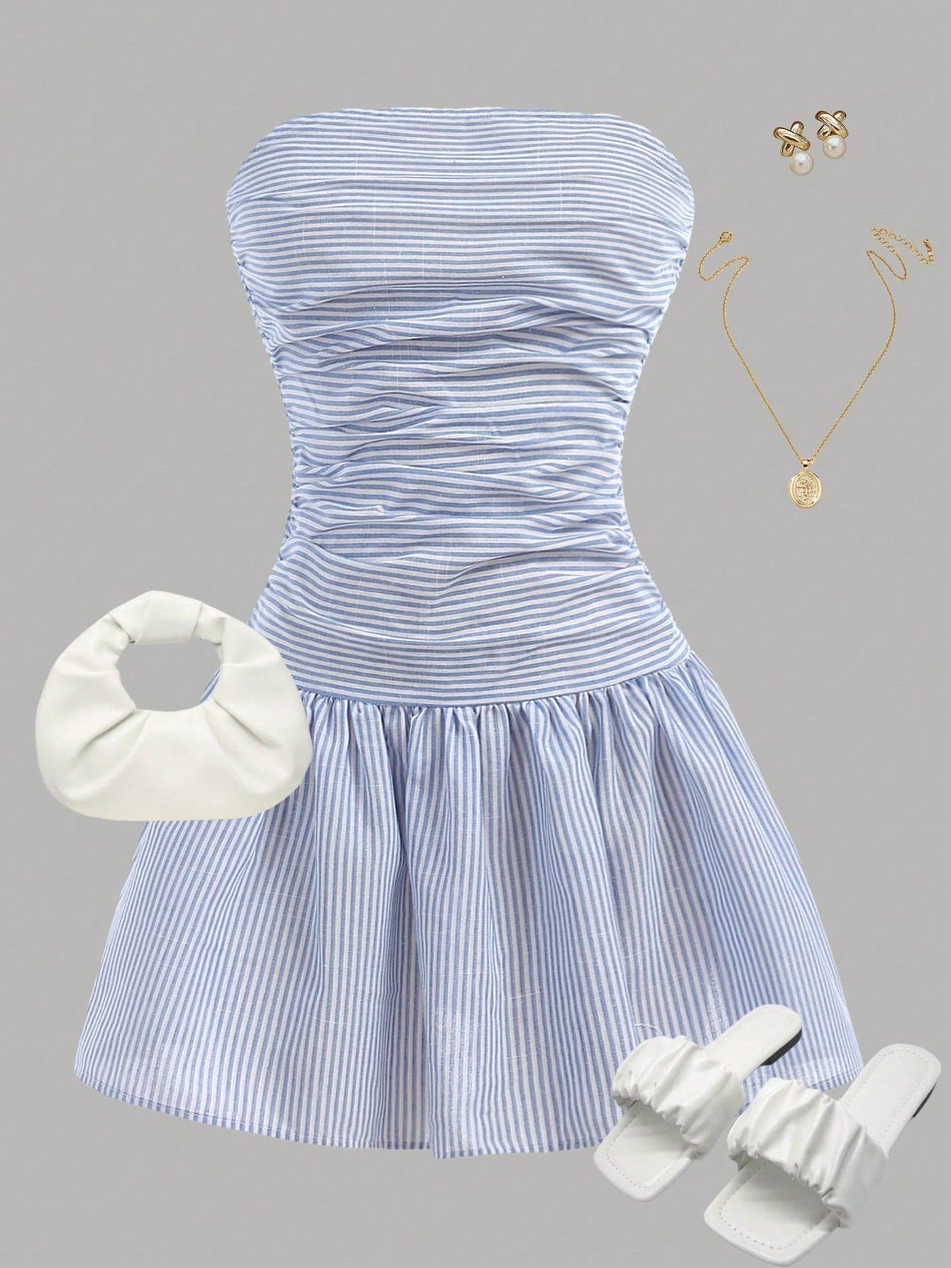 Girlism Teen Girls' Blue & White Striped Ruched Waist A-Line Halter Mini Dress, Casual Holiday Streetwear Holiday Outfits