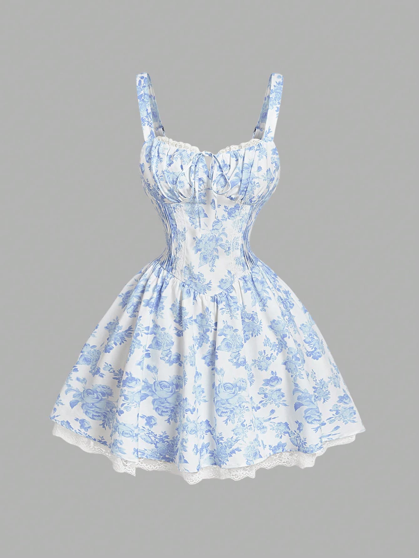SHEIN MOD Women's Blue & White Print Lace Trim Cami Strap Mini Dress With Criss-Cross Back, Spring Date Outfit,Valentine Day