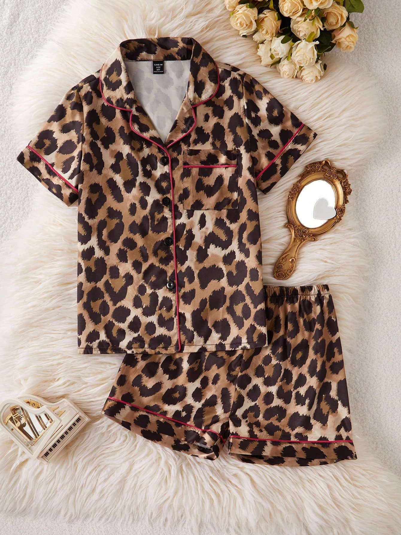 Girl Leopard Print Color Blocking Faux Silk Girl & Teenager Pajama Set Giraffe