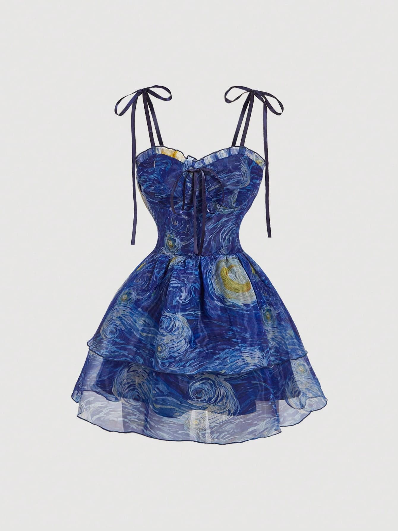 SHEIN MOD Van Gogh Starry Night Chiffon Mini Dress,Blue And Yellow Striped,Summer,2010s,Tea Party, Layered Skirt,Tie Strap Sweetheart Neck A-Line Dress