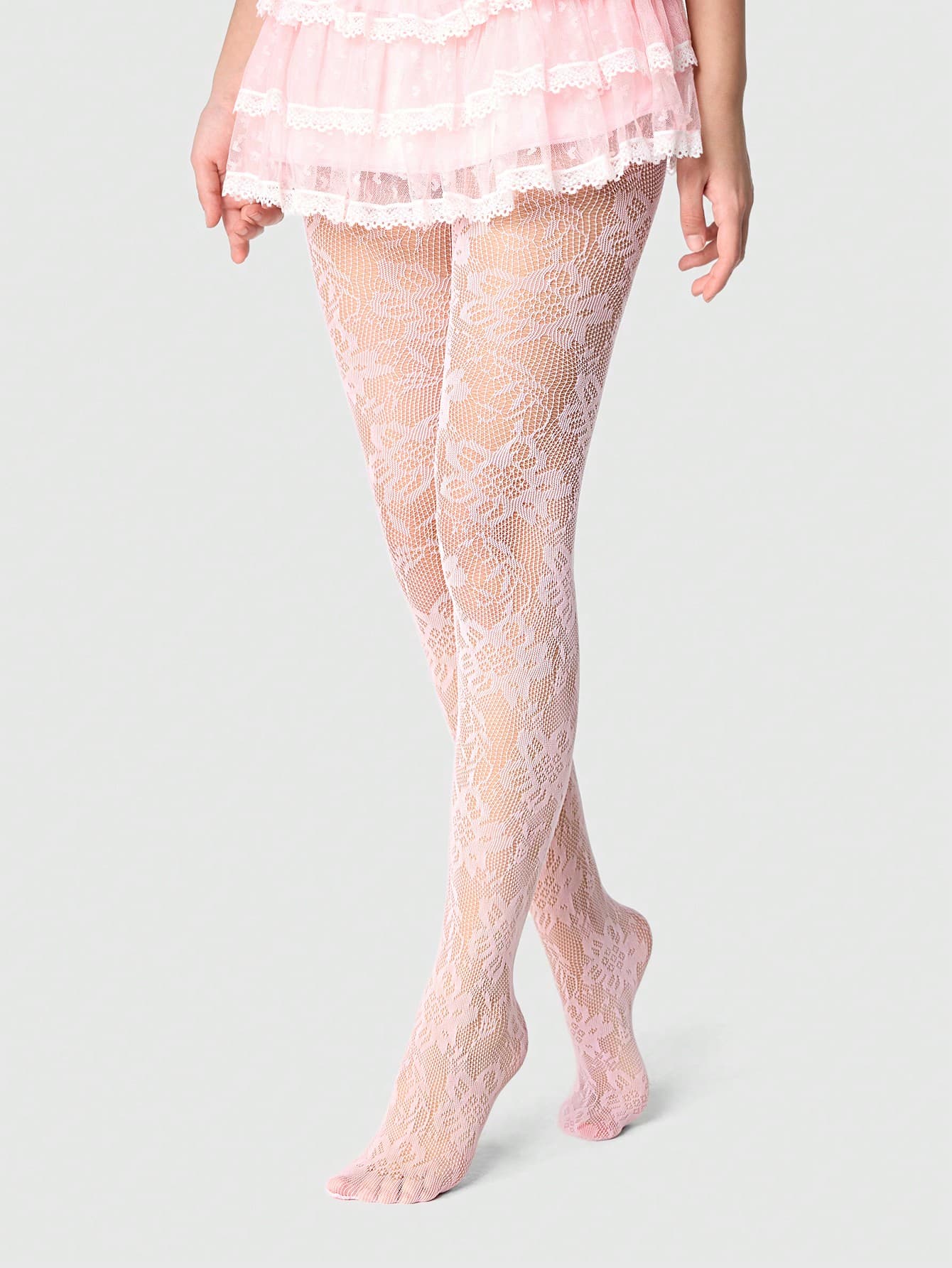 ROMWE Avant 1 Pair Of Cute Style Floral Lace Fishing Net Pantyhose, Retro Pink Opaque Leggings, Elastic Thin Stockings
