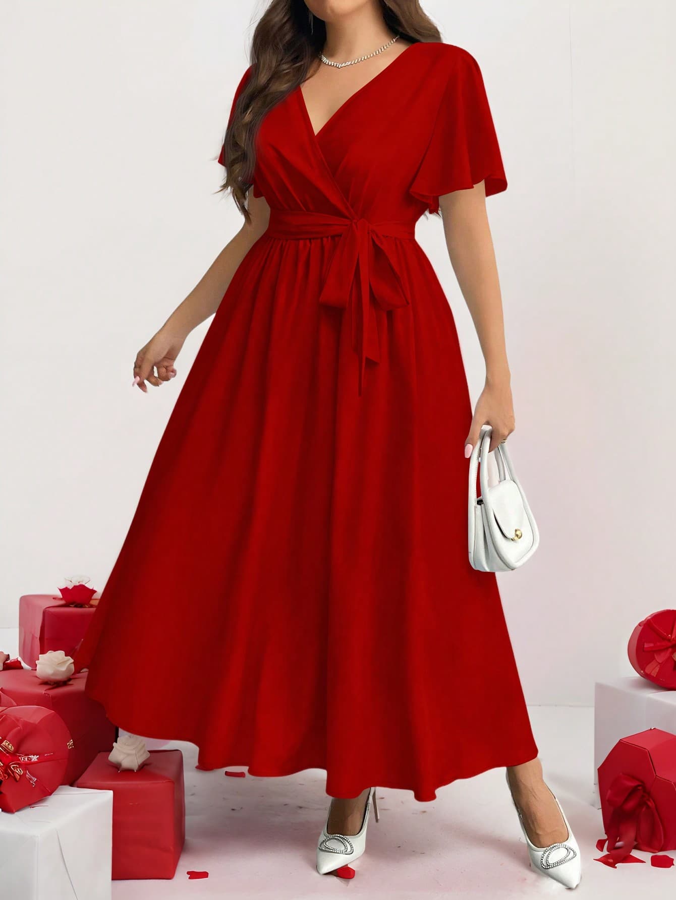 Firerie Casual Vintage Floral Print Loose Plus Size Red Dress, Suitable For/Suitable For Going Out Chic Dress New Year Summer Spring