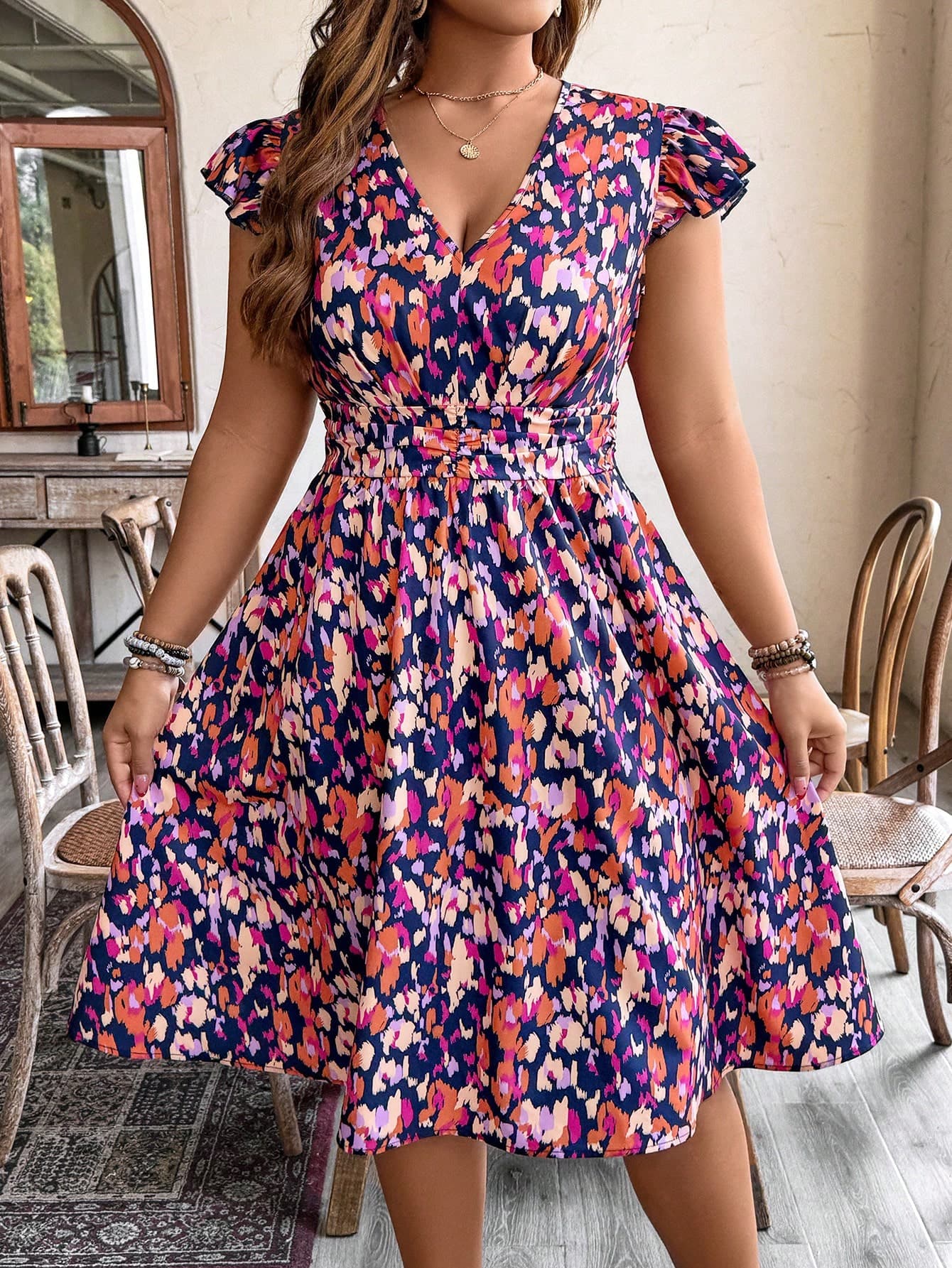 EMERY ROSE Plus Size Women Floral V-Neck Cap Sleeve Ruched Waist Midi Dress