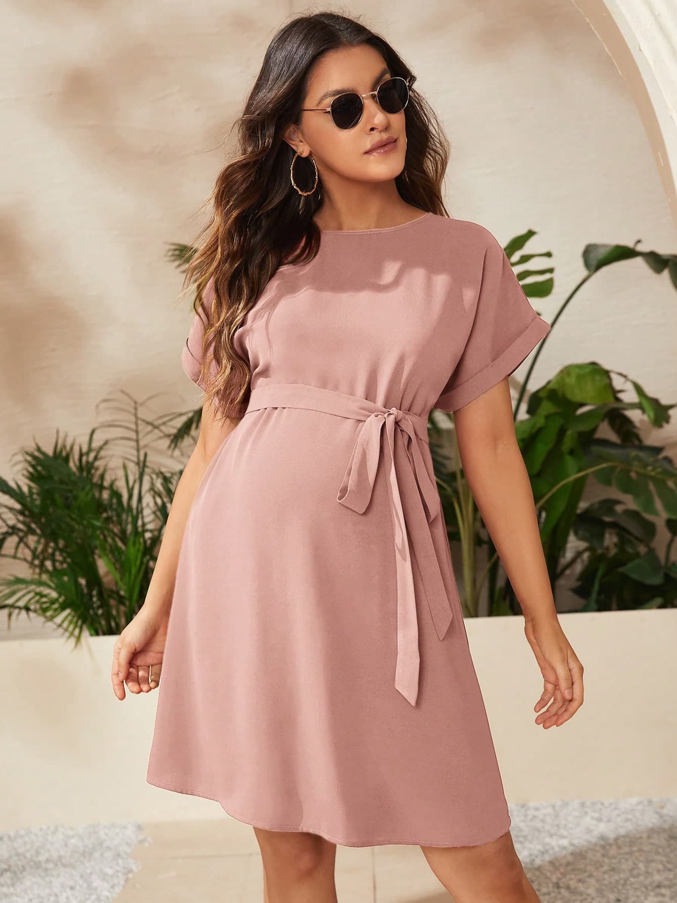 SHEIN Maternity Solid Color Round Neck Short Sleeve Knotted Waist Casual Pink Dress
