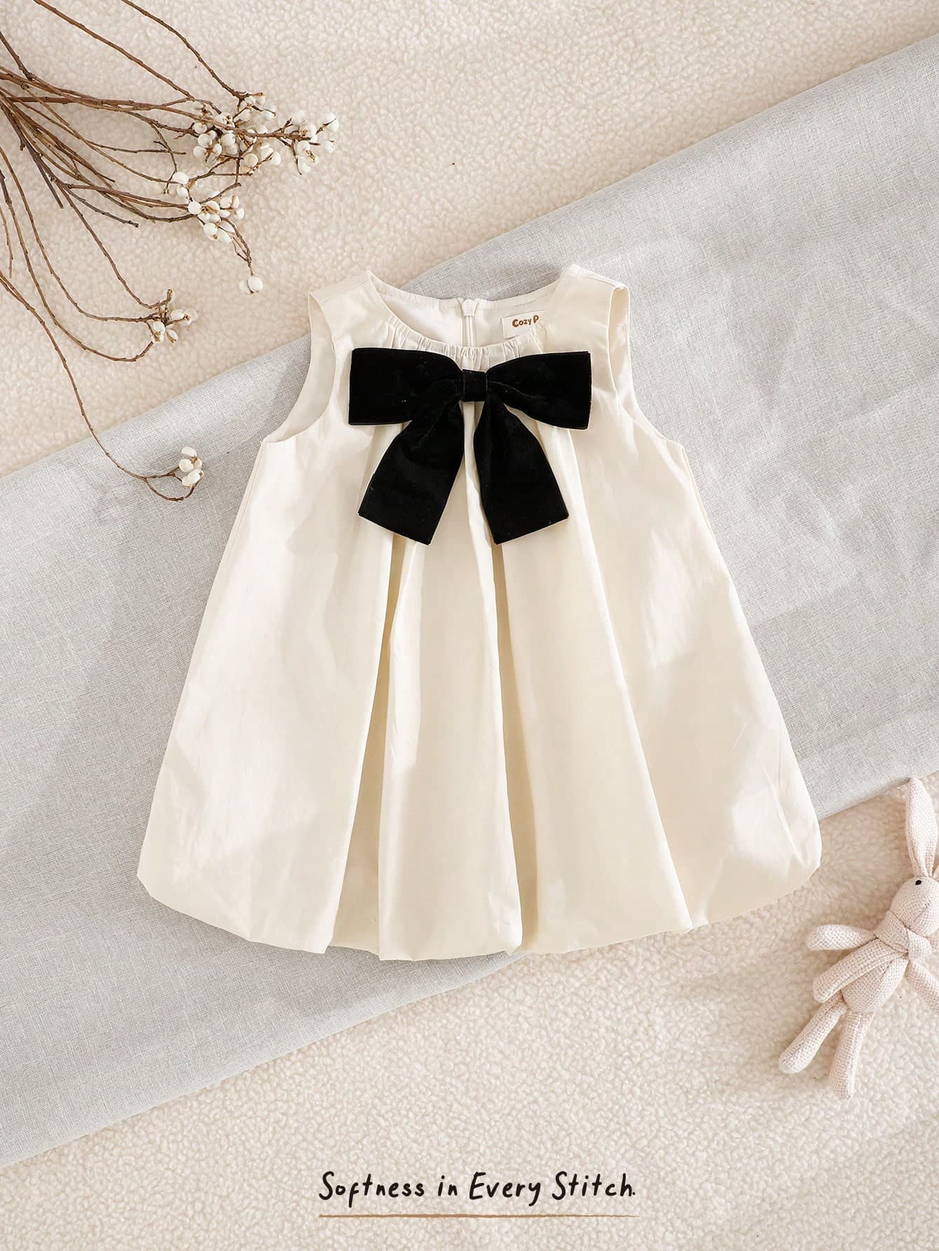 Cozy Pixies Baby Girl Decorated Big Bow Round Neck Sleeveless Dress