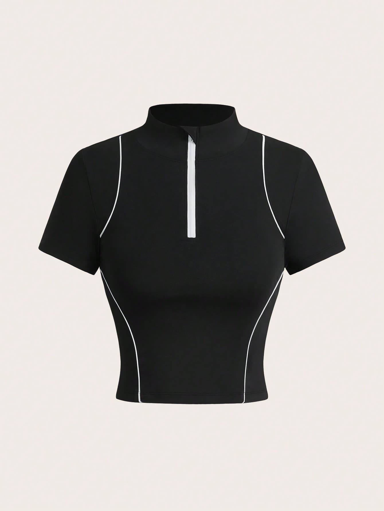 Exploreva Contrast Trim Sports Yoga Top, Slimming Running Outdoor T-Shirt Fitted Shirt Gym Women Shirts