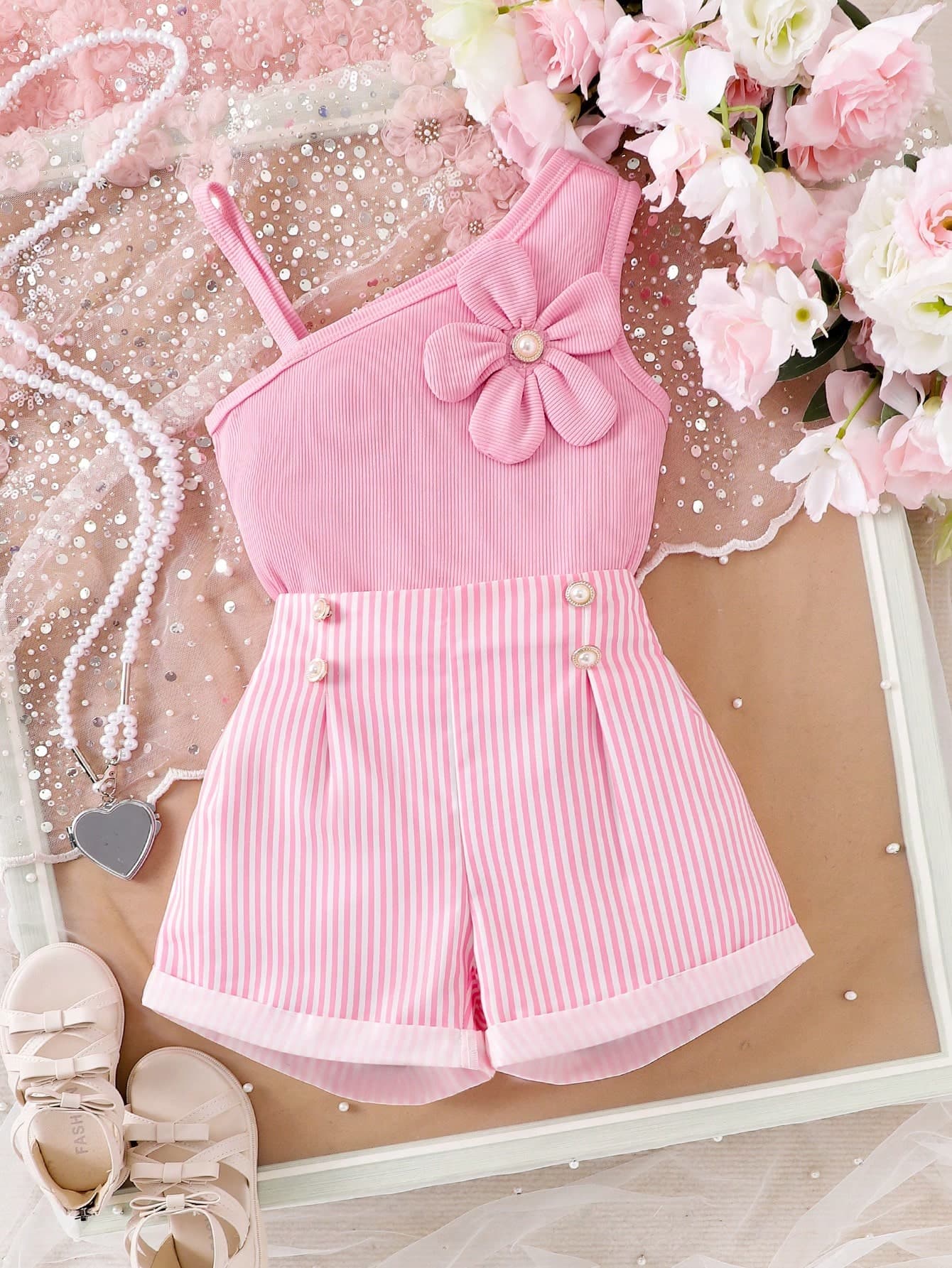 Elladie kids 2pcs/Set Young Girl Knitted Ribbed Asymmetrical Floral Print Top And Ribbed Shorts With Pearl Button, Cute Casual Summer Outfit Summer Holiday