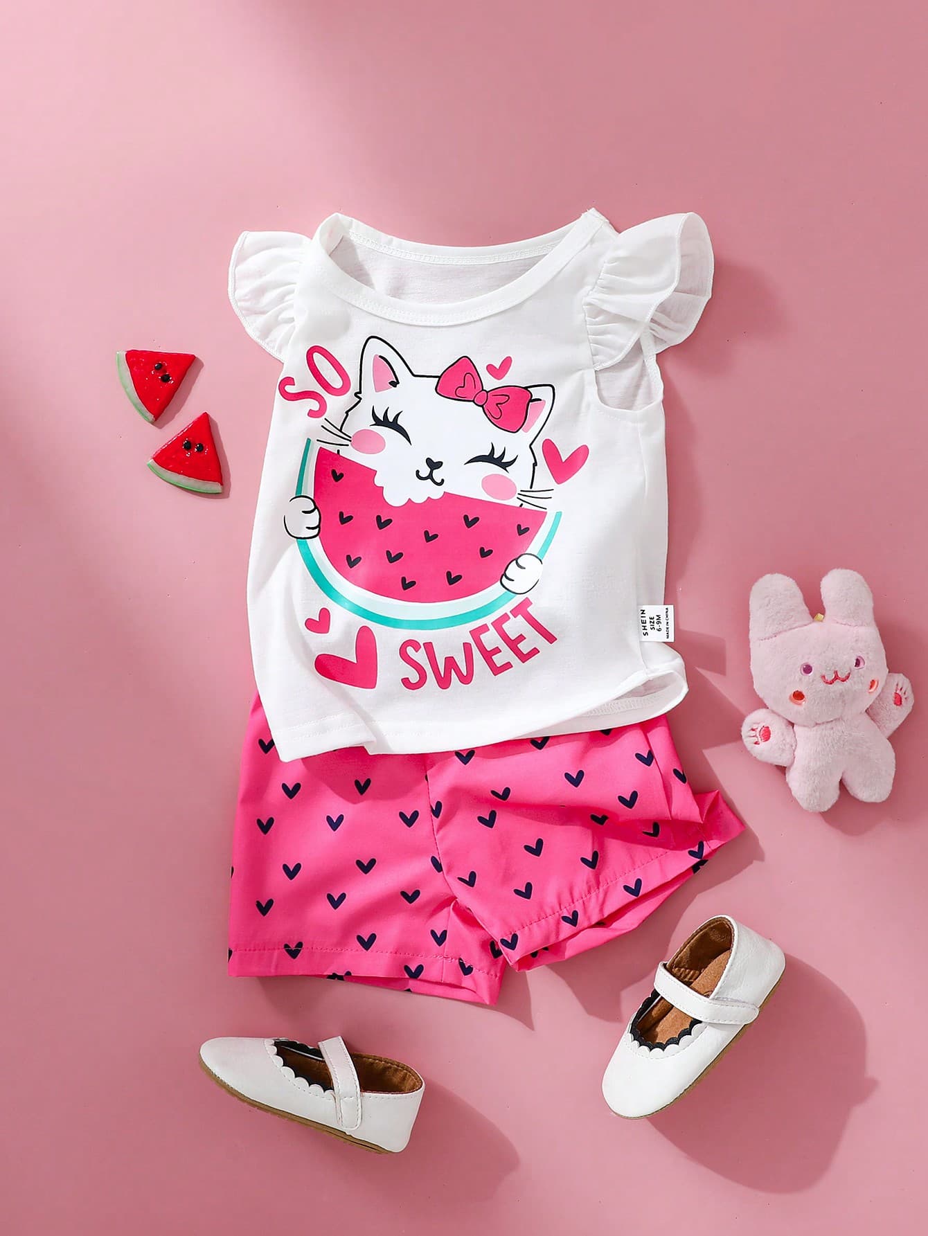 SHEIN 2pcs/Set Baby Girl 0-3Y Spring Summer New Cute Daily Cartoon Cat Eating Watermelon Sleeveless T-Shirt + Rose Red Heart Shorts Set