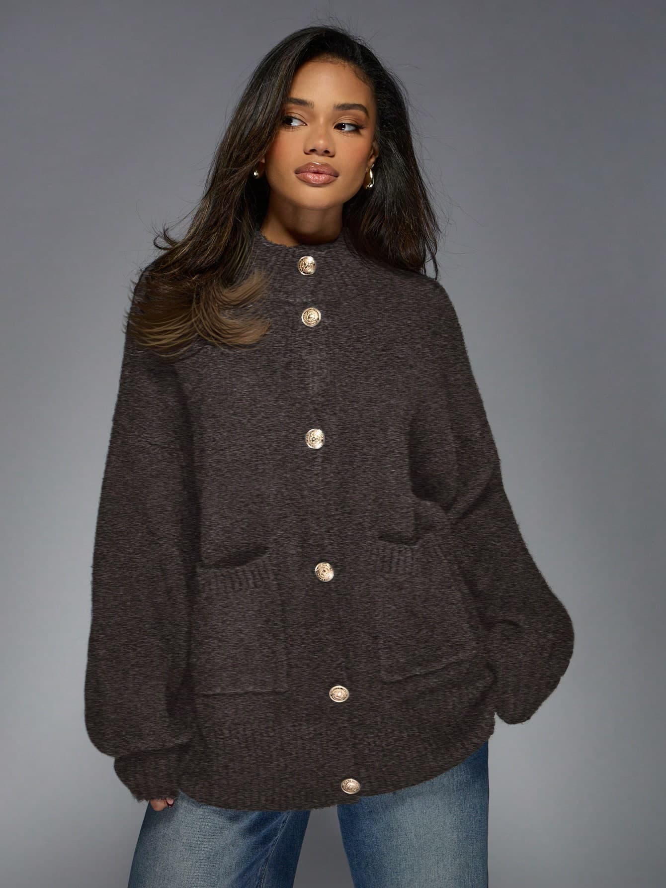 MISSGUIDED Luxury Knit Button-Front Cardigan With Designer Gold Hardware Balloon Sleeves Cozy Winter Sweater Oversized Mock Neck Fashion Outerwear