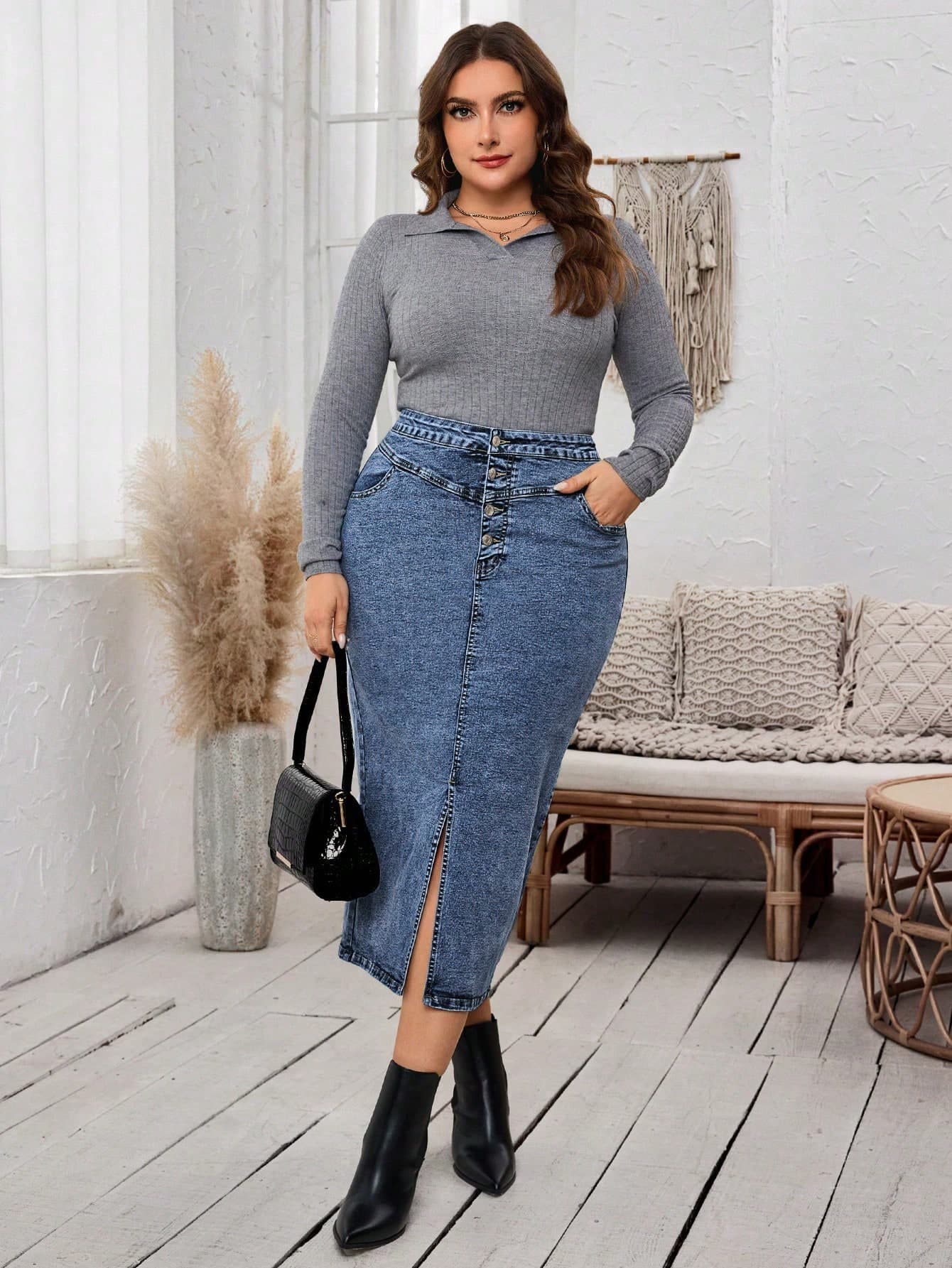 EMERY ROSE Plus Size Women's Pocket Slit Hem Midi Length Pencil Denim Skirt