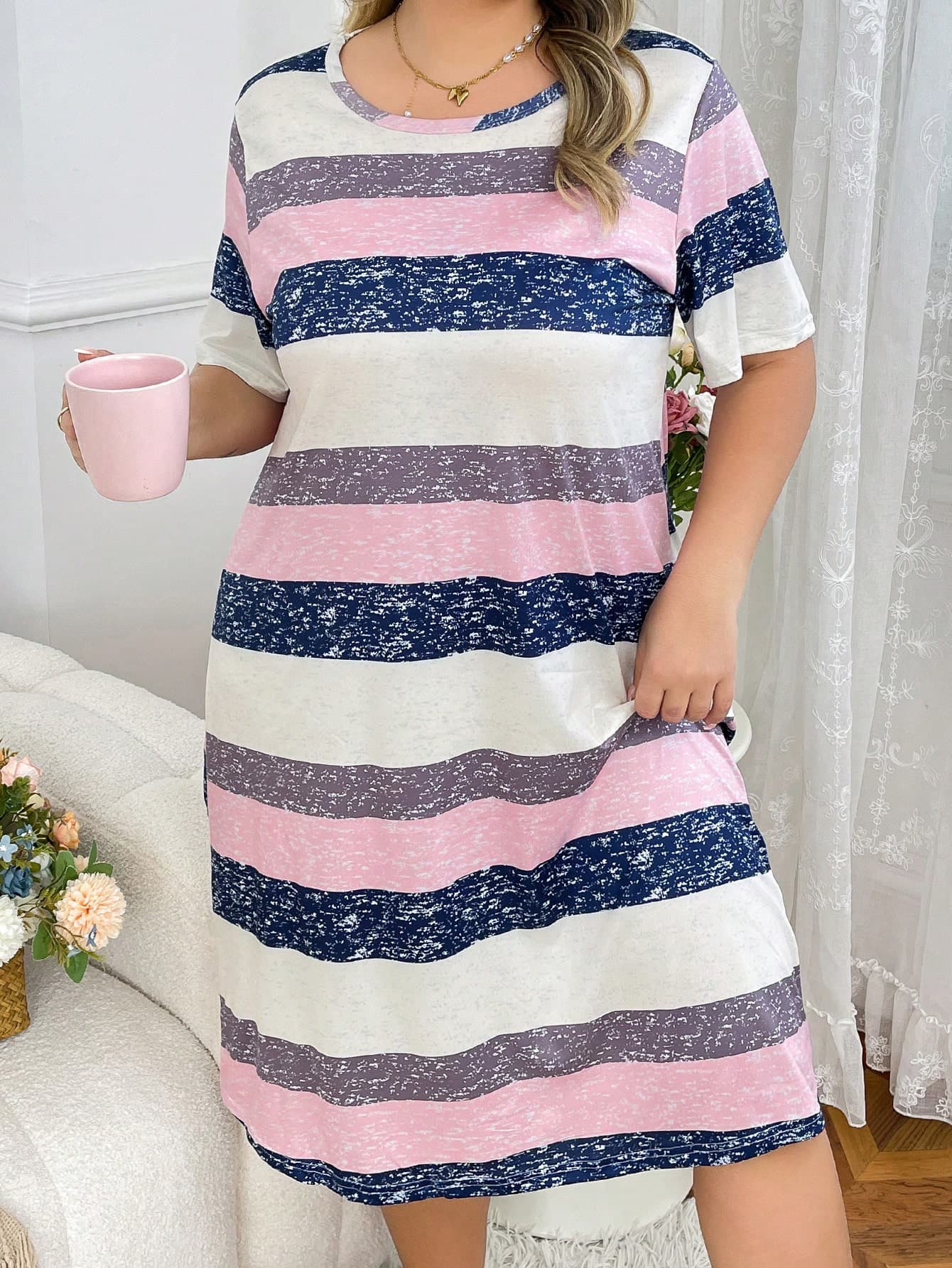 Plus Size Women Colorful Striped Short Sleeve Casual T-Shirt Nightgown, Moo Moo Sleep Dress