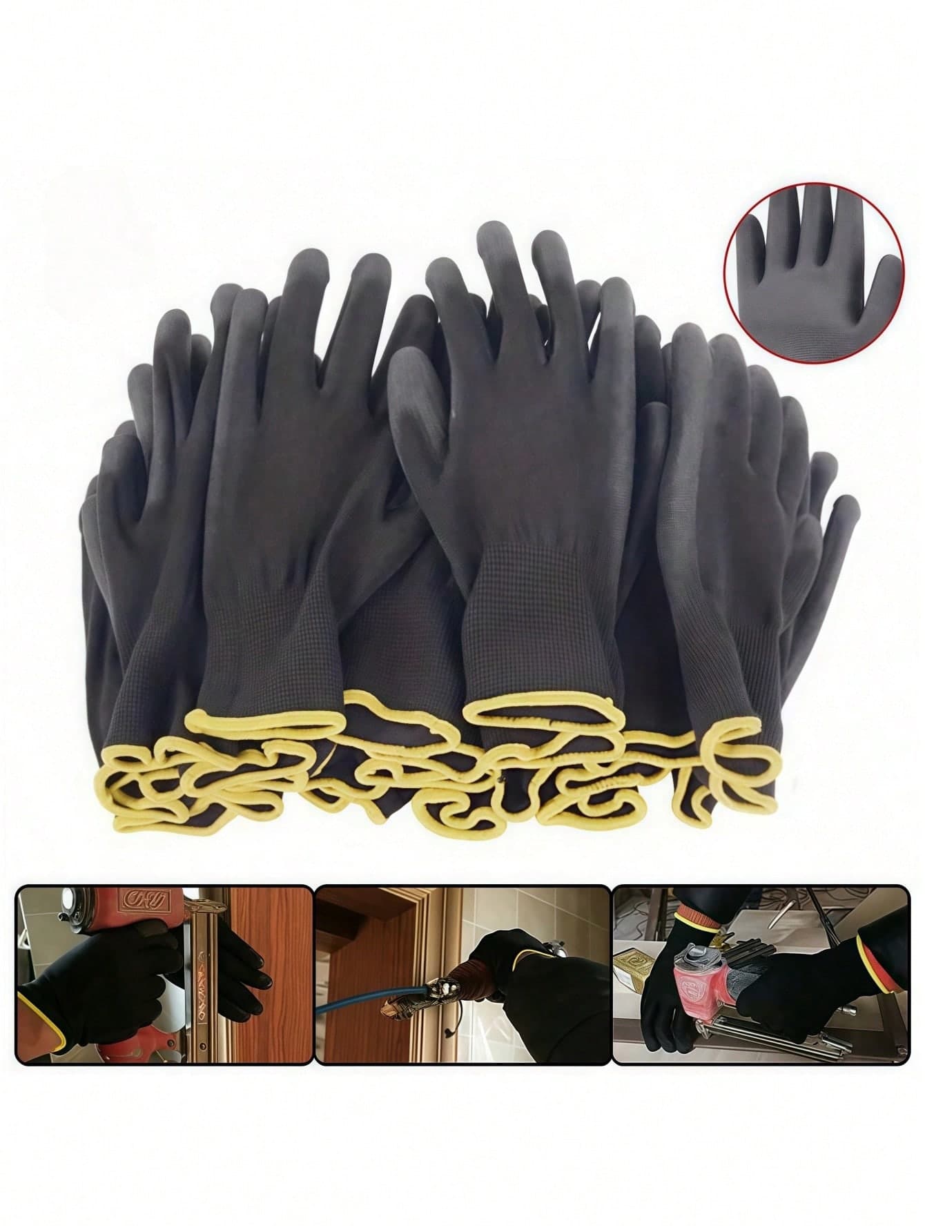 SHEIN 20Pcs(10 Pairs) Black Gray Pu Nylon Work Gloves, Polyurethane Industrial Protective Work Gloves, Palm Coated Gloves, Suitable For Maintenance, Carpentry Repair, Outdoor Work, Home Repair