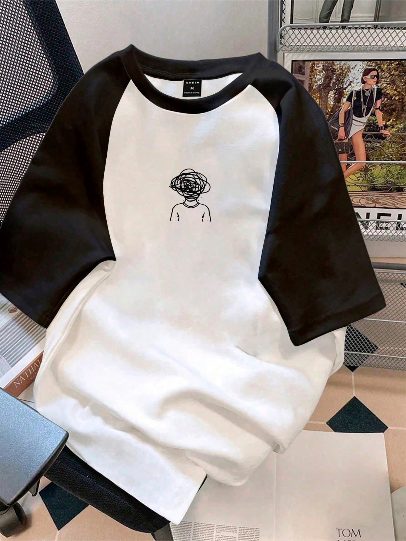 SHEIN Teen Boys' Casual Short Sleeve T-Shirt,Black&White Colorblock Abstract Line Figure Print,Sporty Streetwear Punk Rock College Daily,Autumn Beach,White