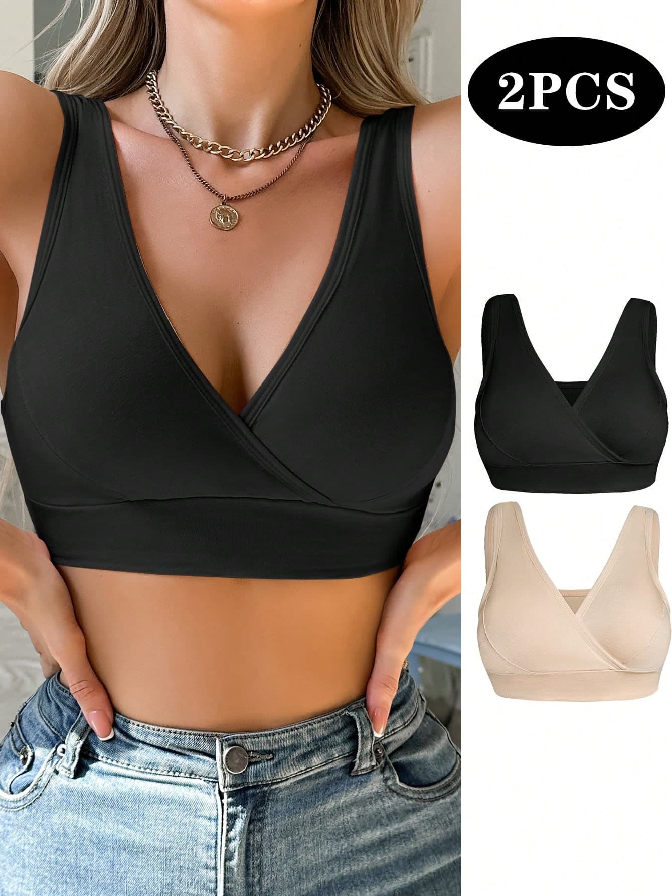 Moonlight&Mama 2pcs Maternity V-Neck Crossover Casual Bras, Solid Color Without Padding Maternity