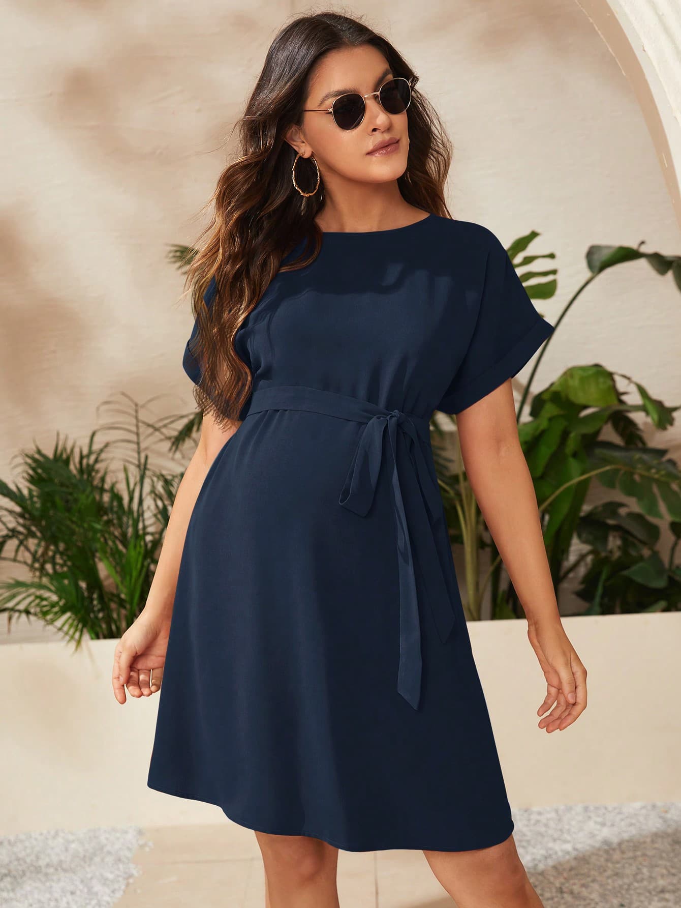 SHEIN Pregnant Women Vacation Casual Solid Color Batwing Sleeve Dress Maternity Dress