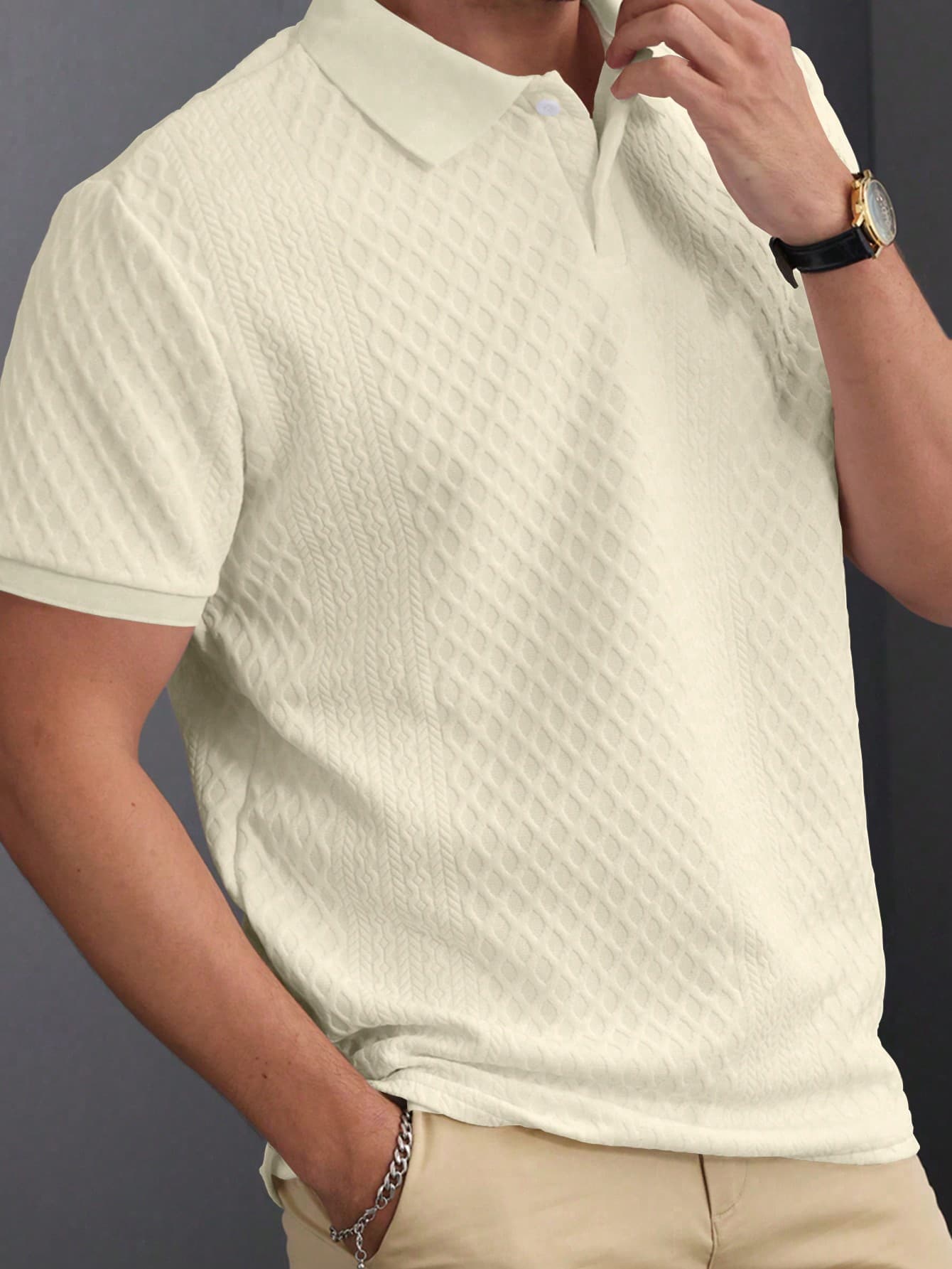 Manfinity Homme Men's Off White Short-Sleeve Polo Shirt,Geometric Texture Jacquard Knit Summer Casual Vacation Hawaiian Beach Music Festival Daily Buttoned Plackets