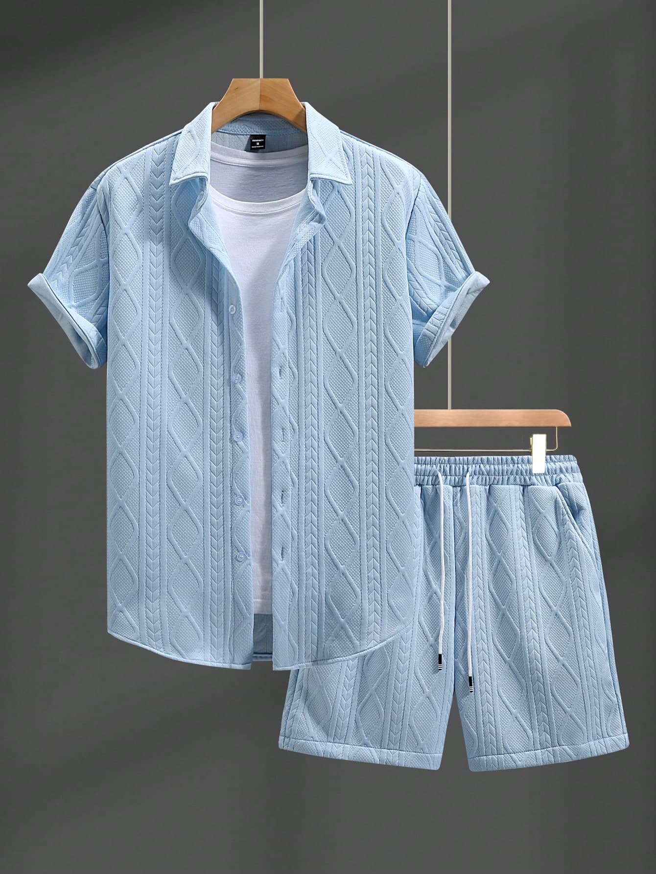 Manfinity Homme Men's Light Blue Summer Casual Vacation Holiday Outfits,Fashionable Short-Sleeve Shirt And Shorts Set,Hawaiian Beach,Music Festivals,Cozy Gift Set