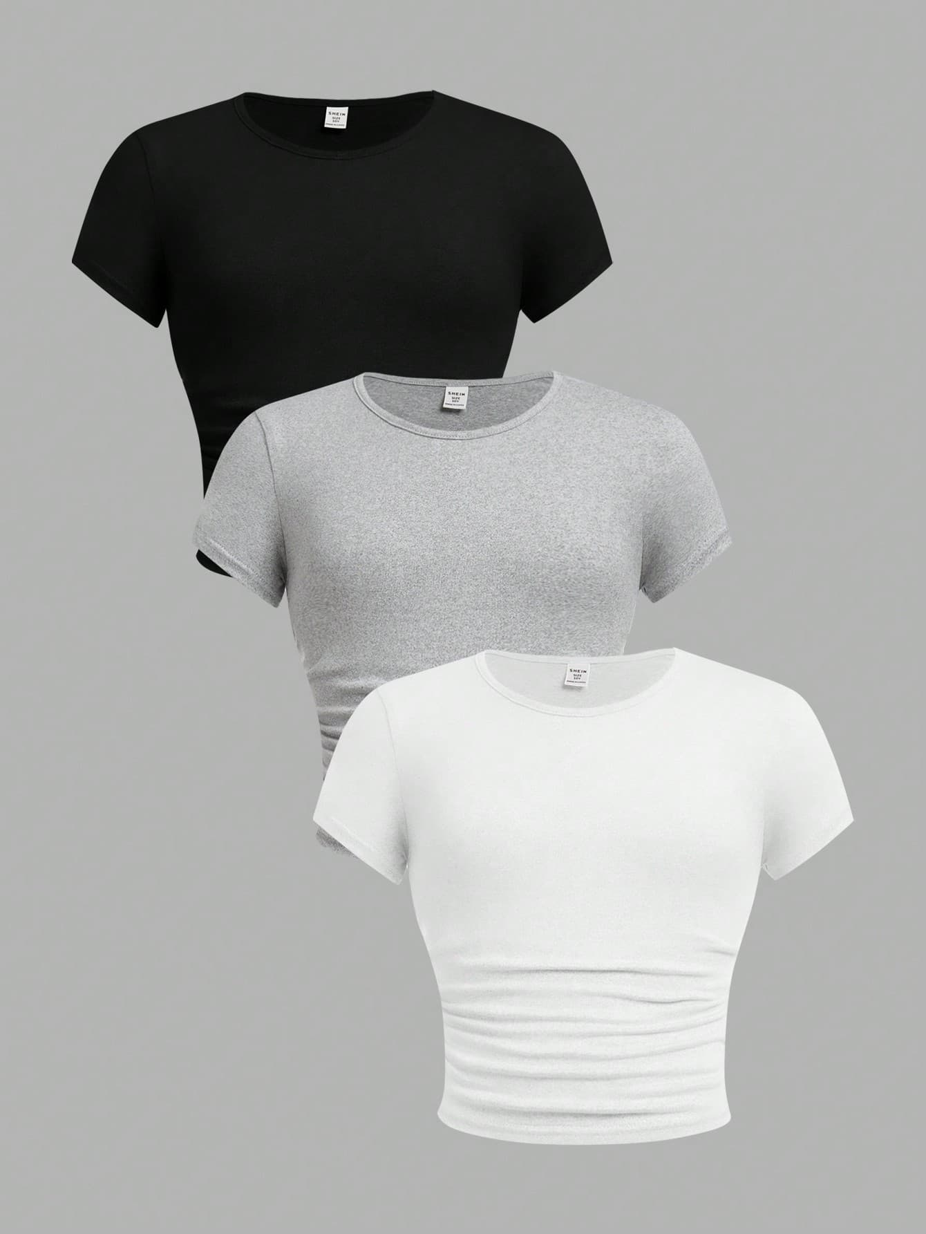 SHEIN Girlism 3 Piece Set Tween Girls Fitted Casual Solid Color Crew Neck Shirred Short Sleeve T-Shirts