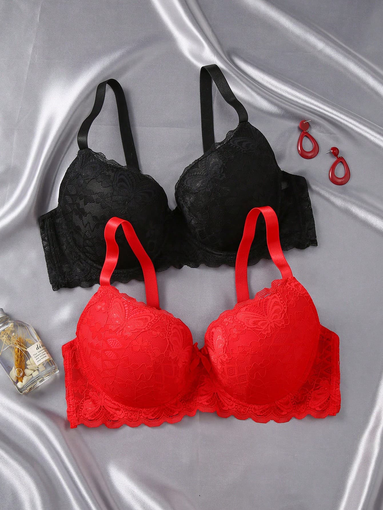 DesireSculpt 2pcs Set Women's Plus Size Plain Lace Adjustable Underwire Bra Lingerie, Lift