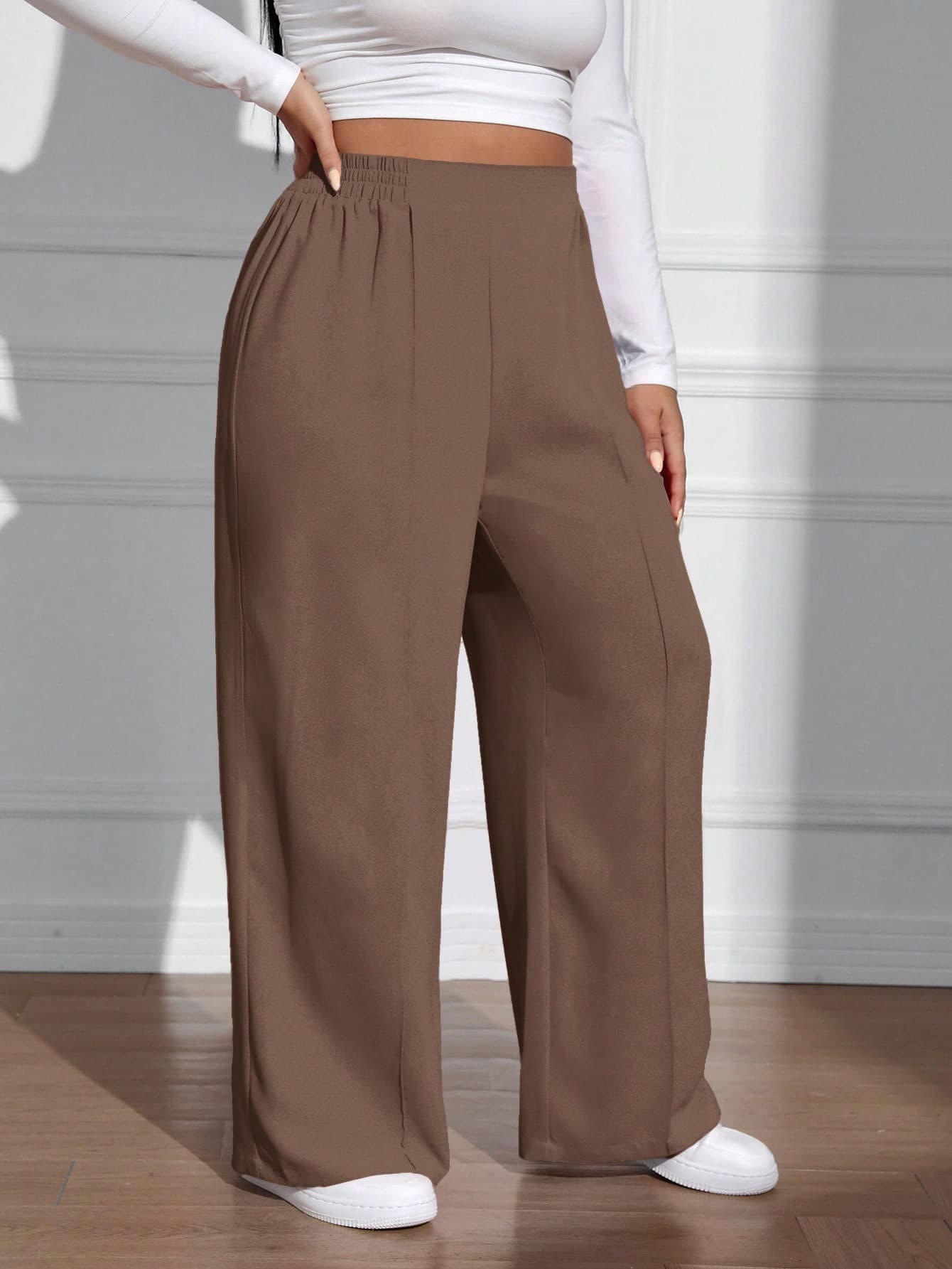 SHEIN EZwear Plus Size Casual Solid Color Pants, Versatile For Work And Daily Wear Fall