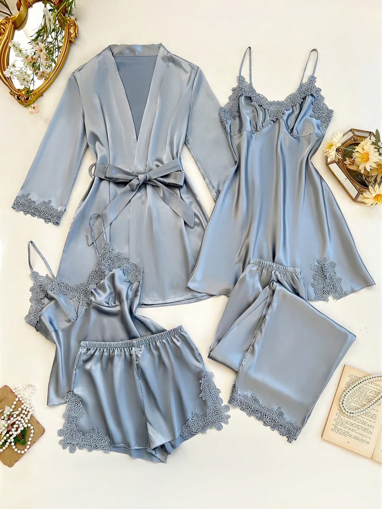 SilkySpell 5pcs Set Contrast Color Trim Decor Faux Silk Camisole Top & Shorts & Pants & Belted Robe & Sleep Dress, Fall Winter Clothes