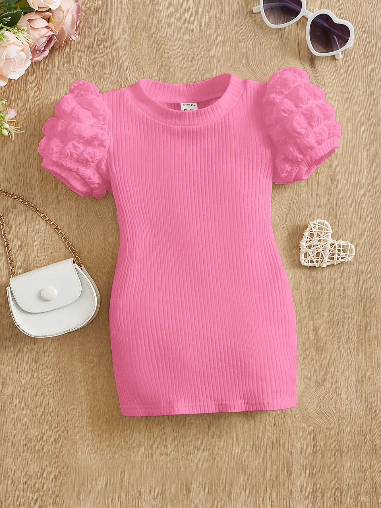 SHEIN Baby Girl Casual Solid Color Puff Sleeve Round Neck Mini Dress, Suitable For Summer, Filipiniana Terno