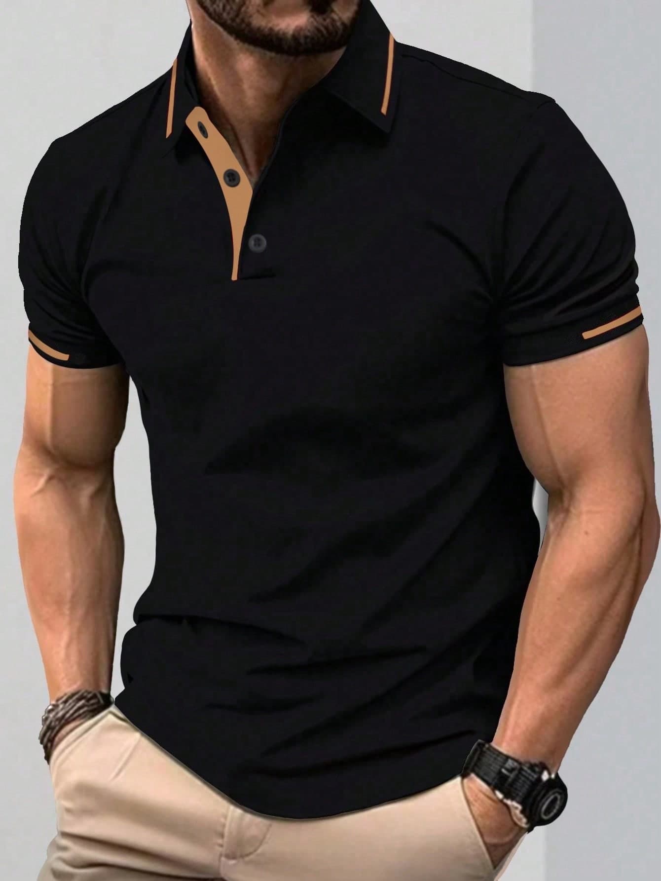 Calvornis Men's Contrast Trim Short Sleeve Casual/Business Polo Shirt, Men's Black Golf Shirt, Formal, Ceremony