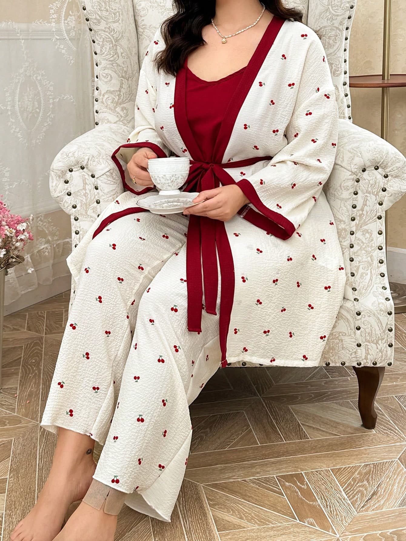 CottageSlumber Plus Size Color Block Cherry Print Camisole And Robe Sleepwear Set, Bountiful Floral Splendor  Cozy And Elegant Details, Clothes, Fall & Winter