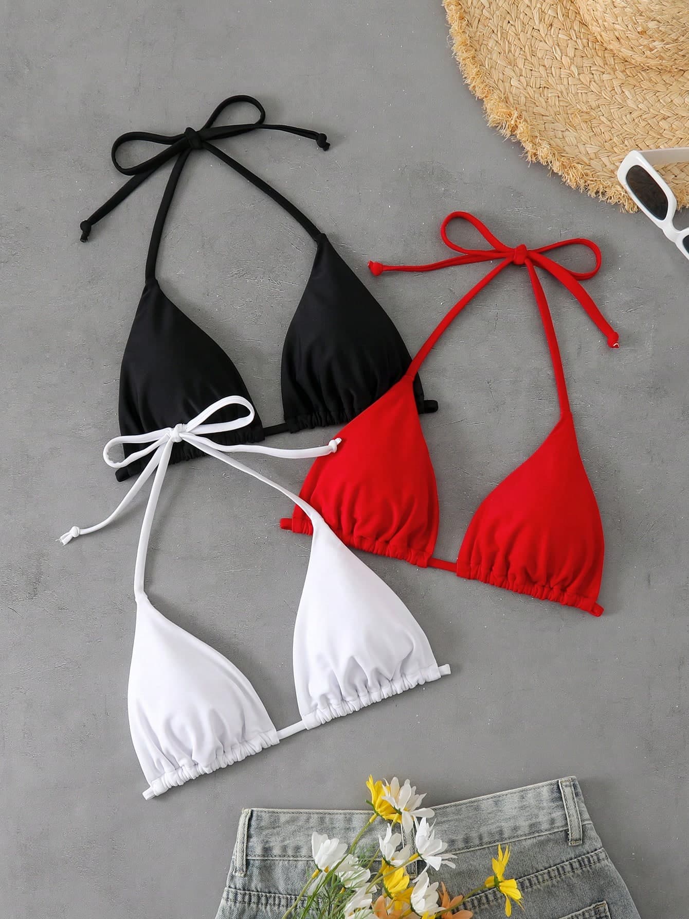Swim Vcay 3pcs Women's Solid Color Strap Sexy Minimalist Bikini Top Summer Beachwear Festival Boho