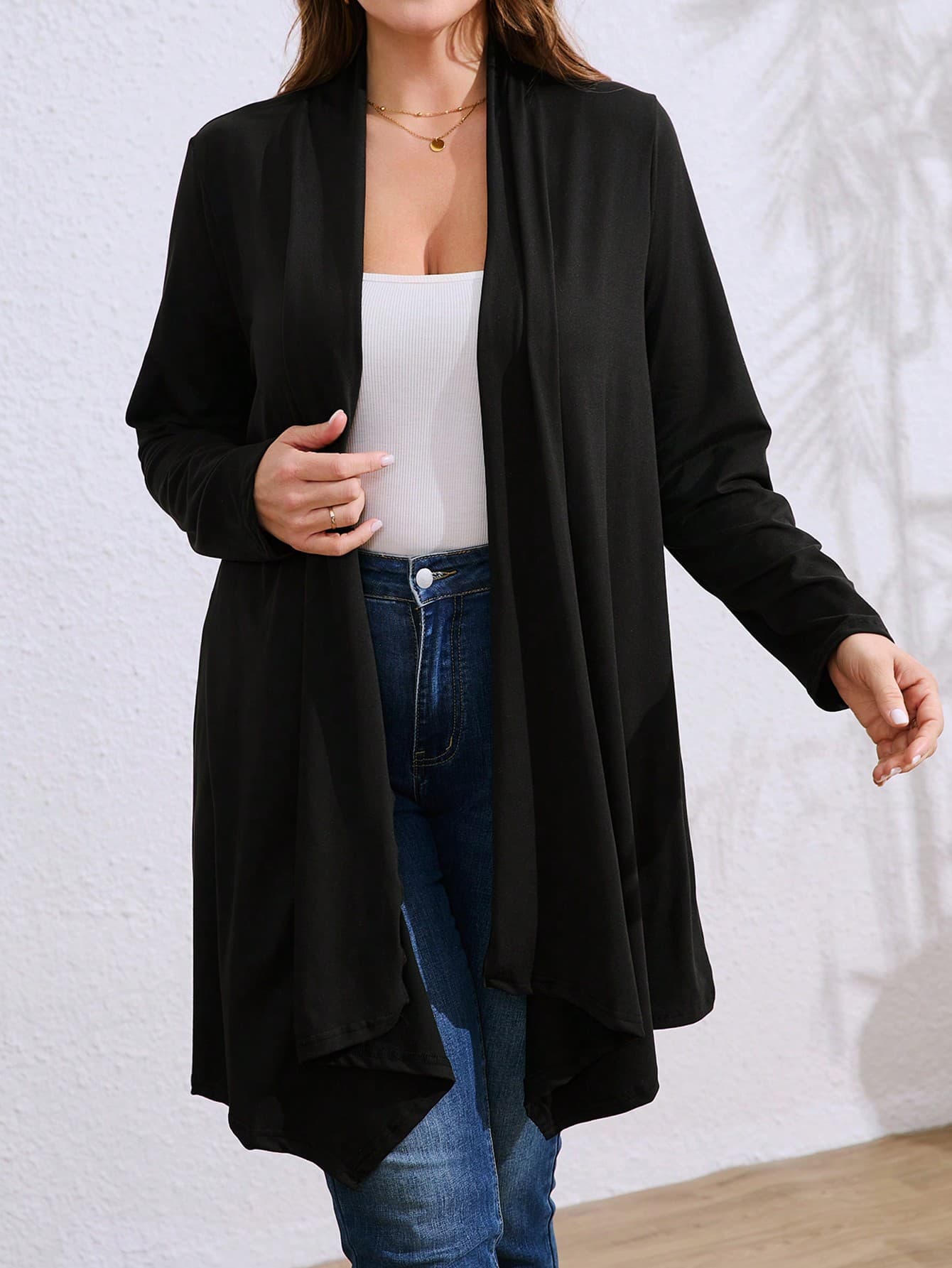 Plus Size Women Black Asymmetrical Hem Loose Casual Cardigan Sweater, Suitable For Commuting And Outdoor Fall Winter Cloth For Women Autumn