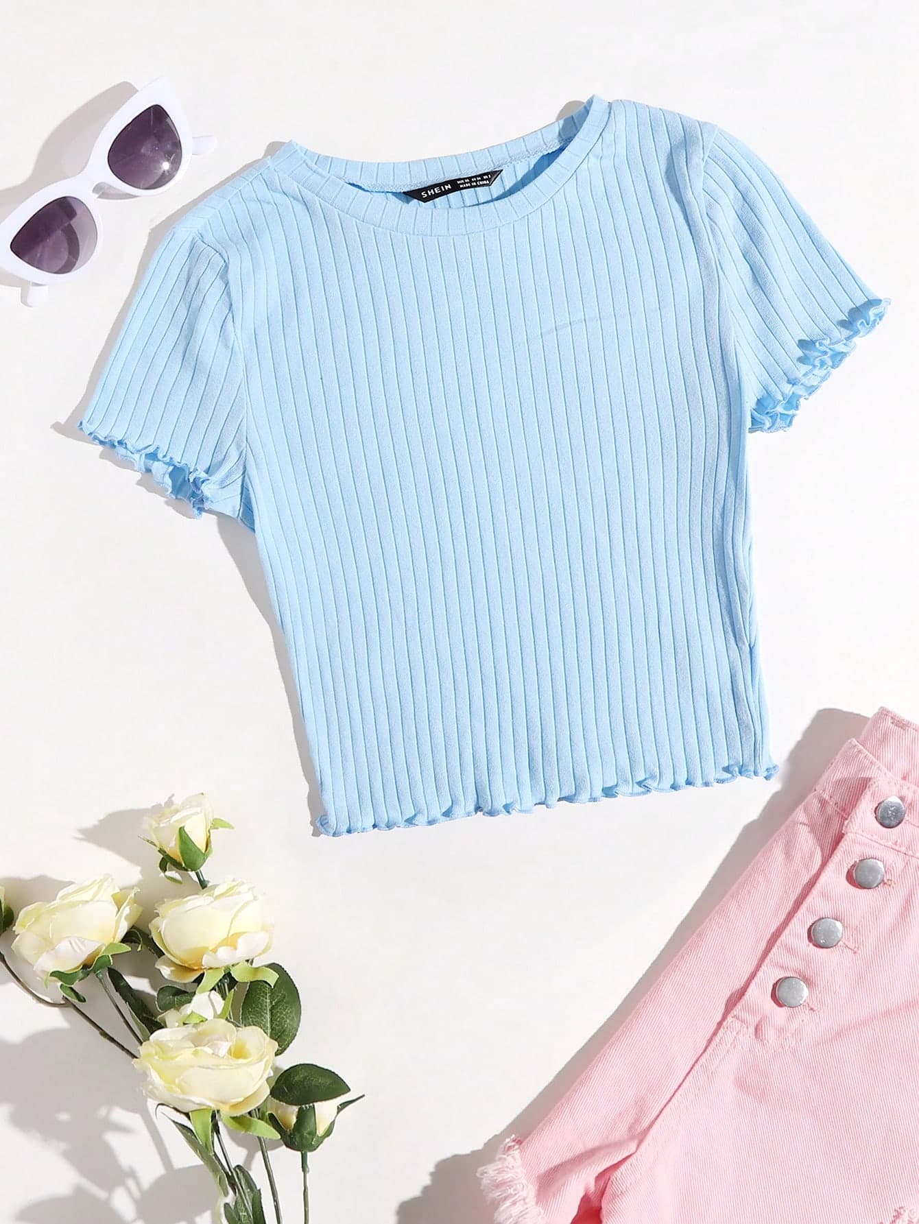 SHEIN EZwear Solid Lettuce Trim Rib-knit Tee
