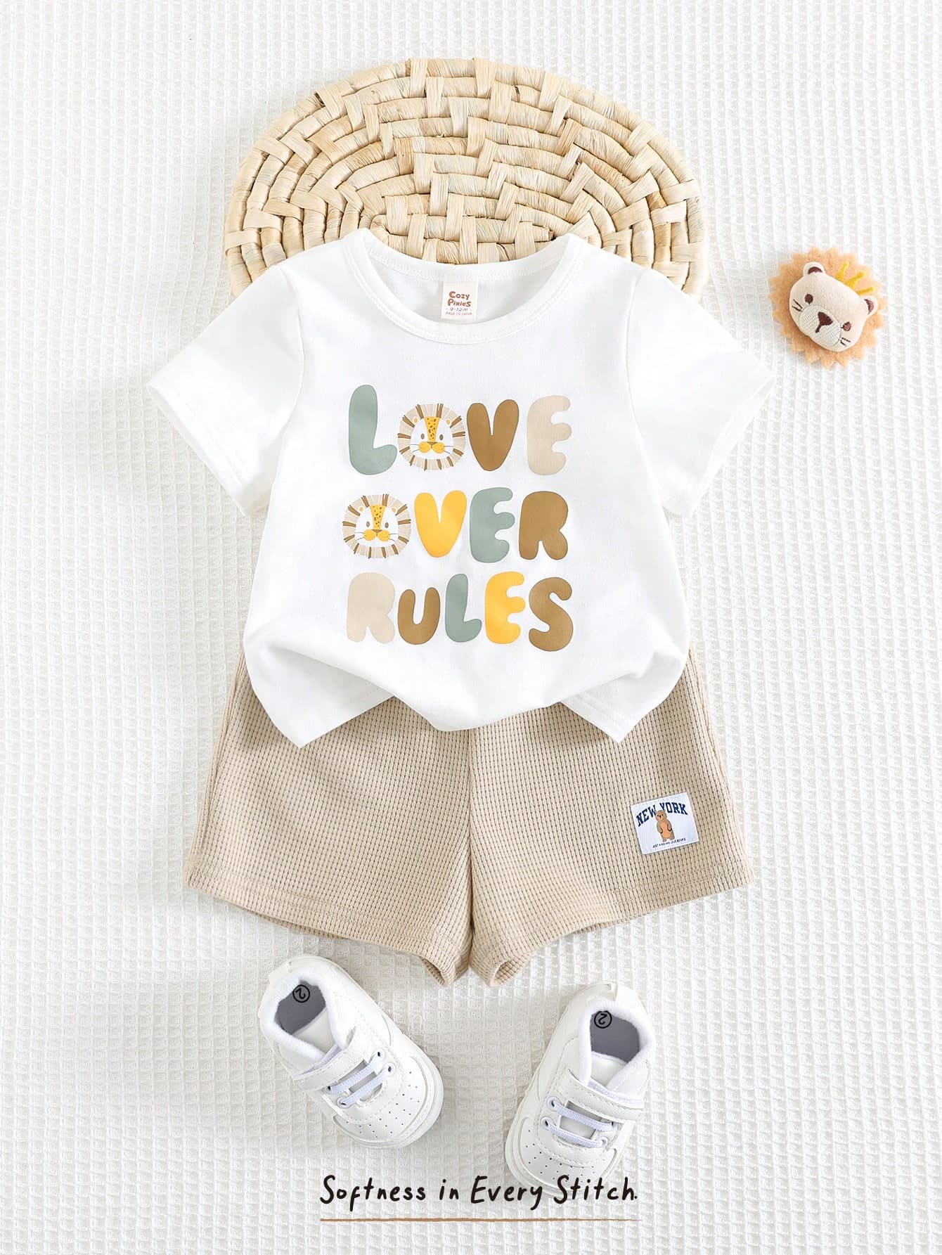 Cozy Pixies 2pcs Baby Boy Cartoon Animal Print Knit Soft Round Neck Short Sleeve Pullover Top And Elastic Waist Shorts Set,Kids