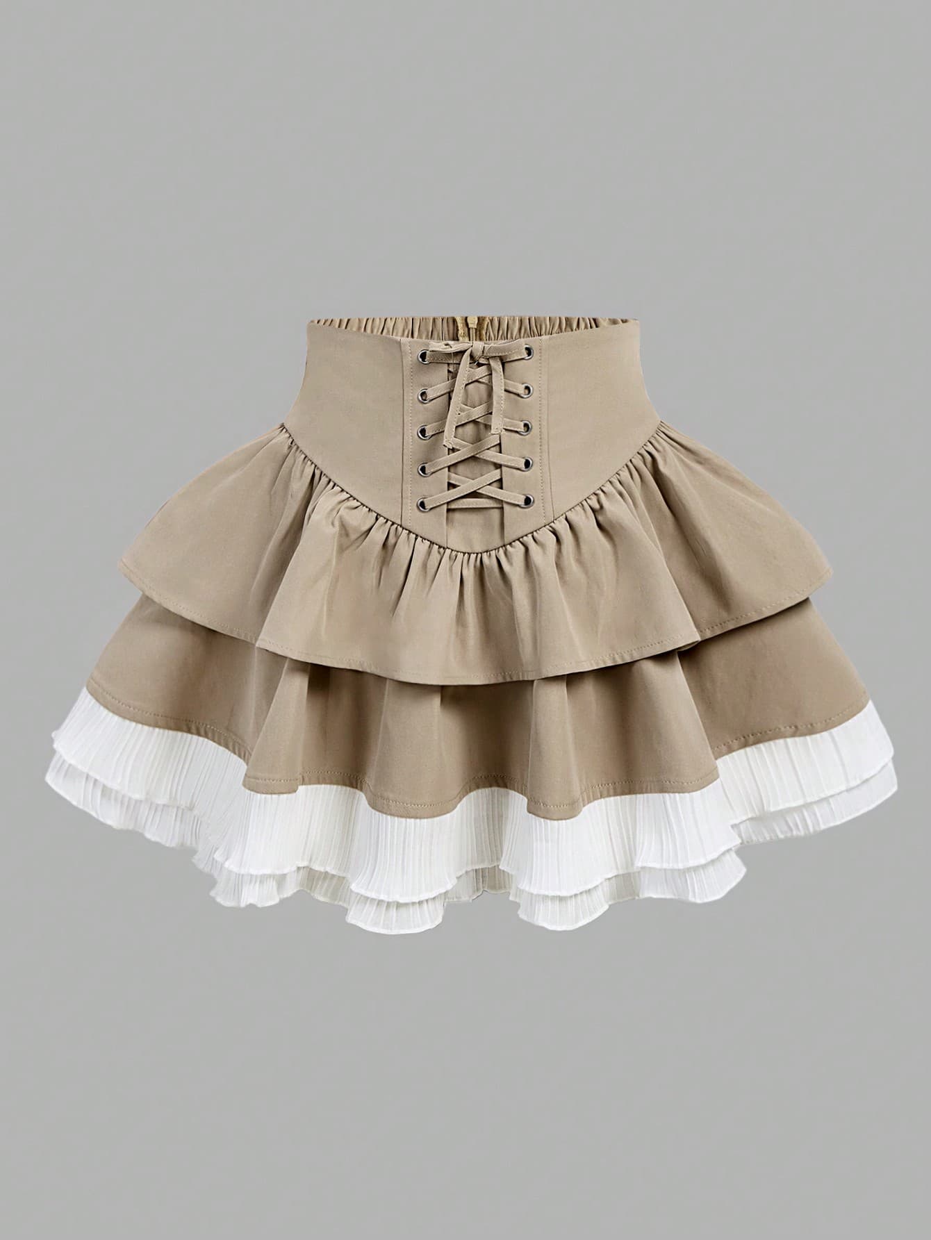 SHEIN Girlism Tween Girls Layered Cake Khaki Short Skirt,White,Summer,Cute Modest,School Girl ,Back-To-School,Cross Straps Lace Trim Woven Casual Sweet Skirt