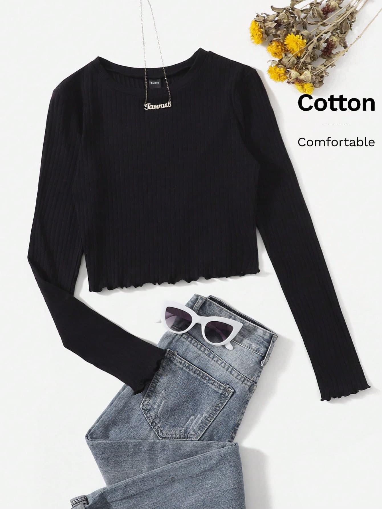 SHEIN EZwear Spring Casual Solid Lettuce Trim Tee