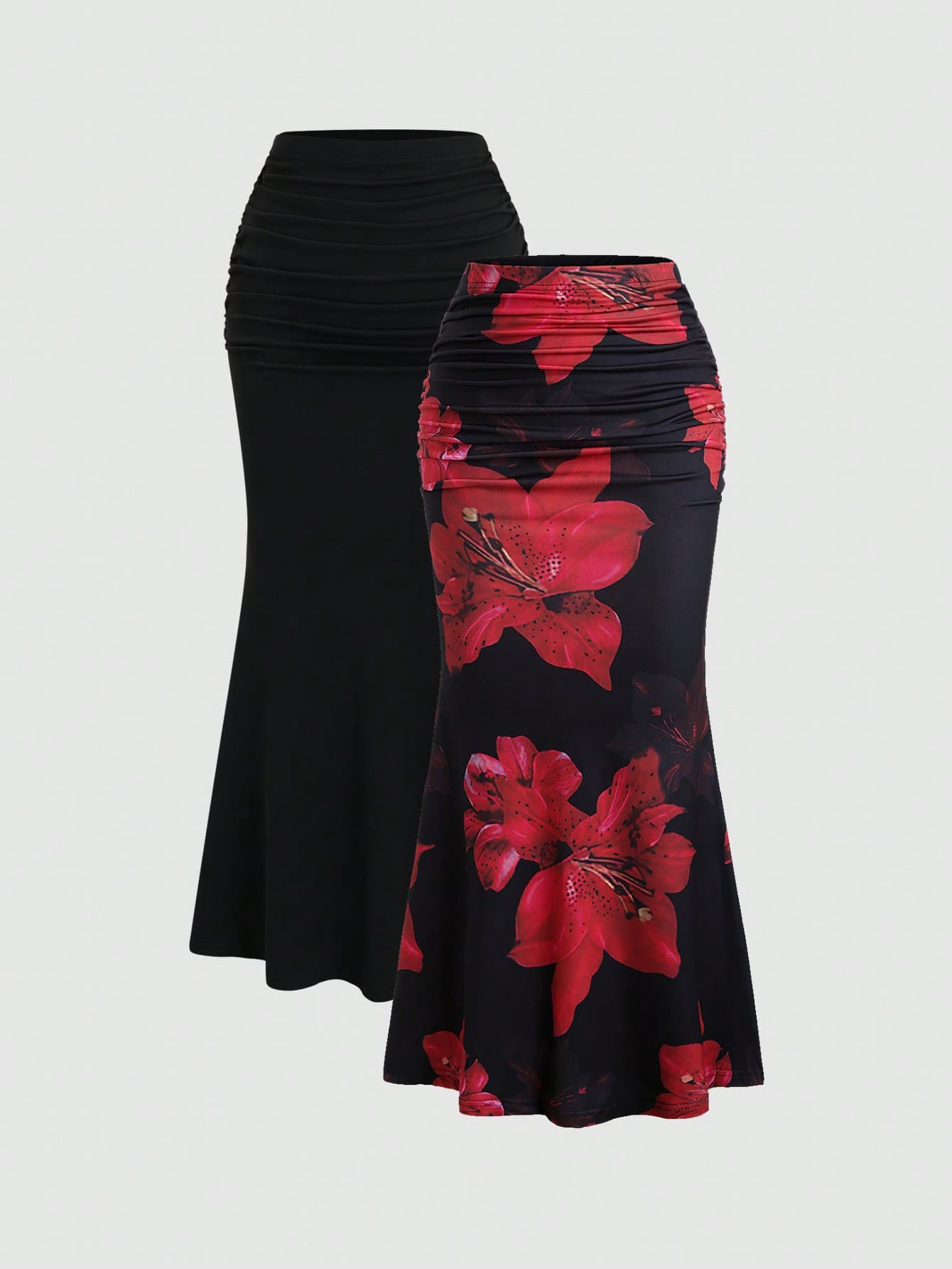 Sweetra 2pcs Women's Set: Elegant Party Solid Color Mermaid Skirt And Floral Printed Skirt Fall Cloth For Women