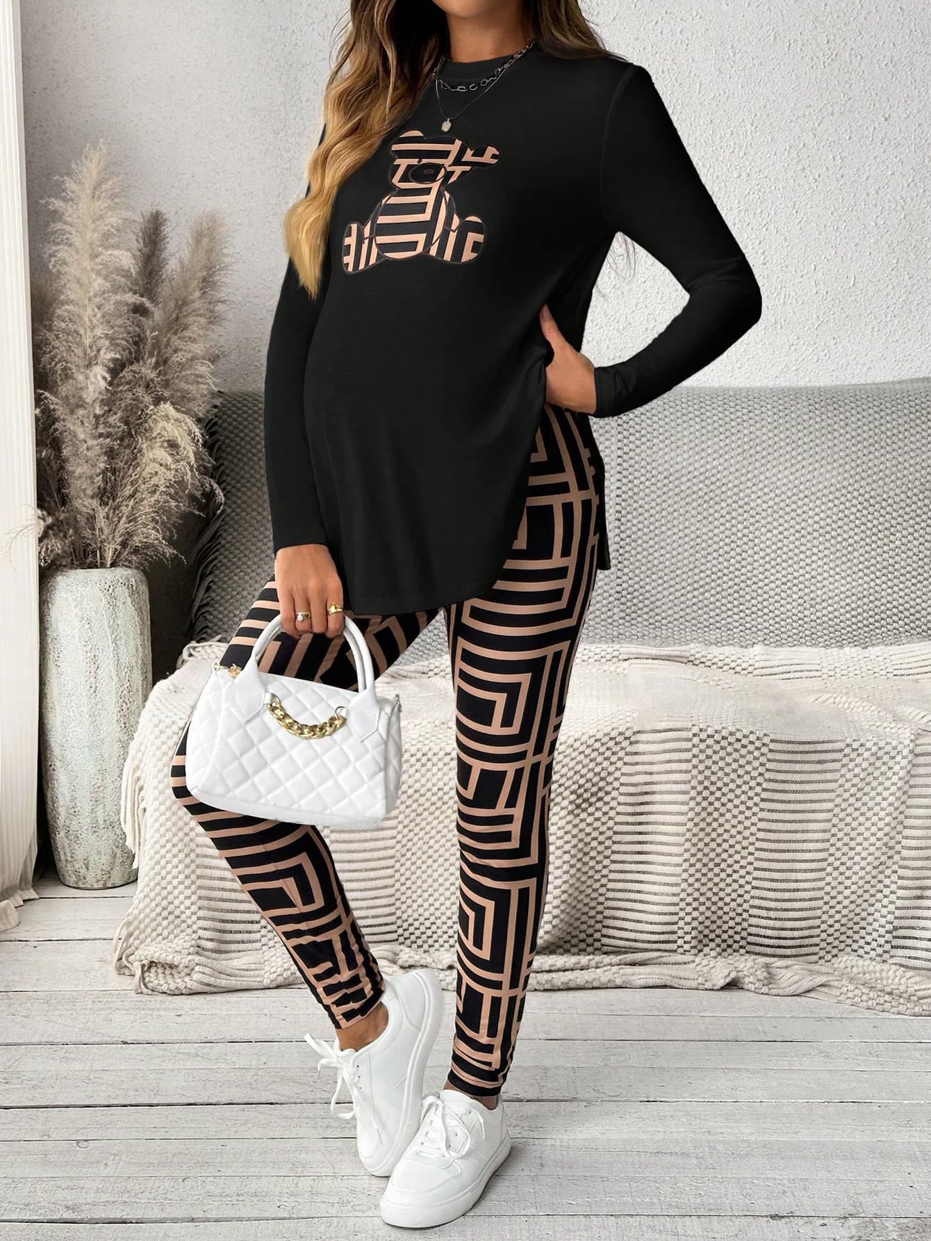 SHEIN Maternity Women Casual 2pcs Women's Casual Bear Print Side Slit Long Sleeve Top & Geometric Print Leggings Set Fall Sets , Fall Women Clothes World Cup
