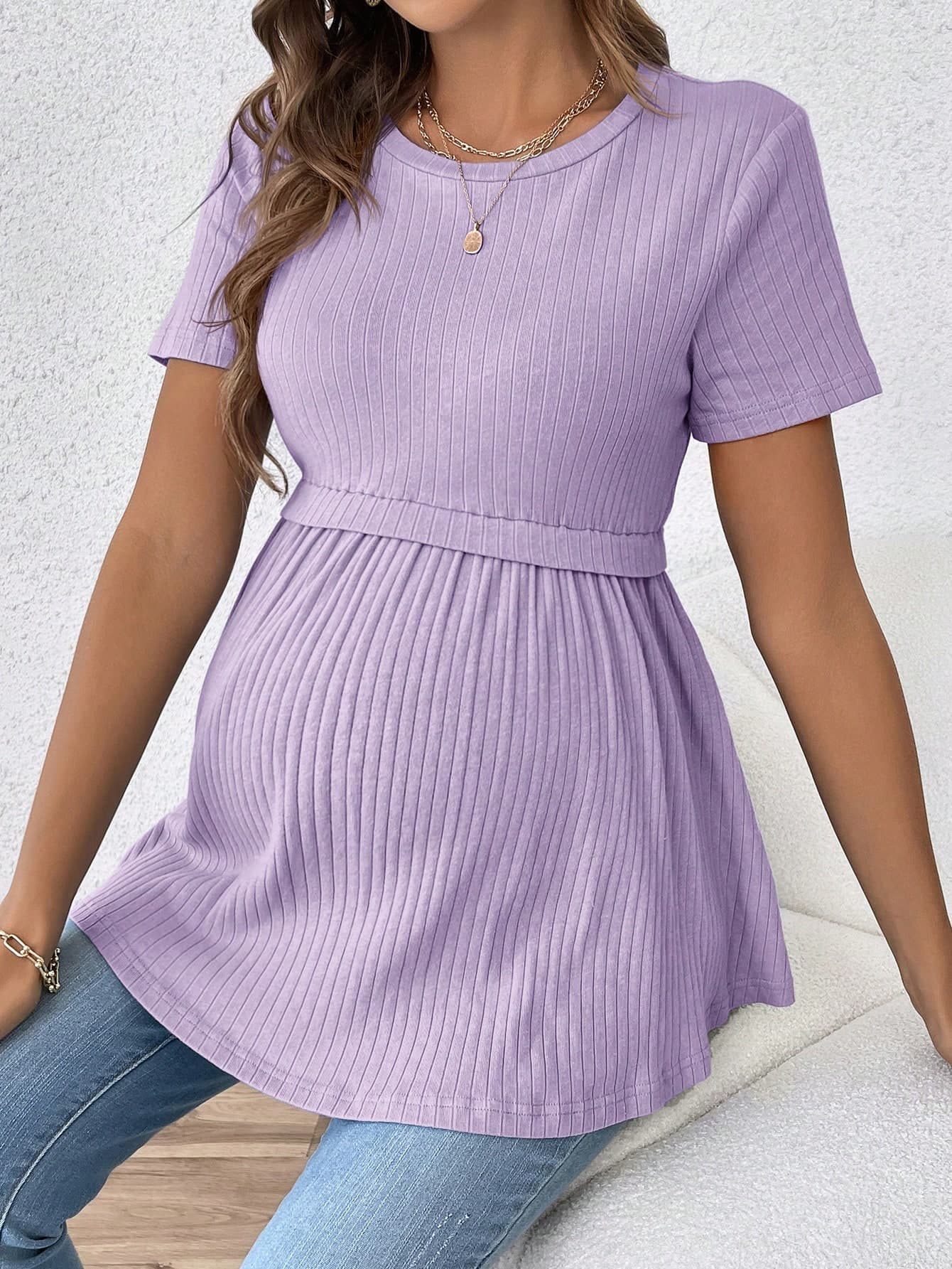 SHEIN Elegant Romantic Gender Reveal Party Round Neck Short Sleeve Maternity T-Shirt